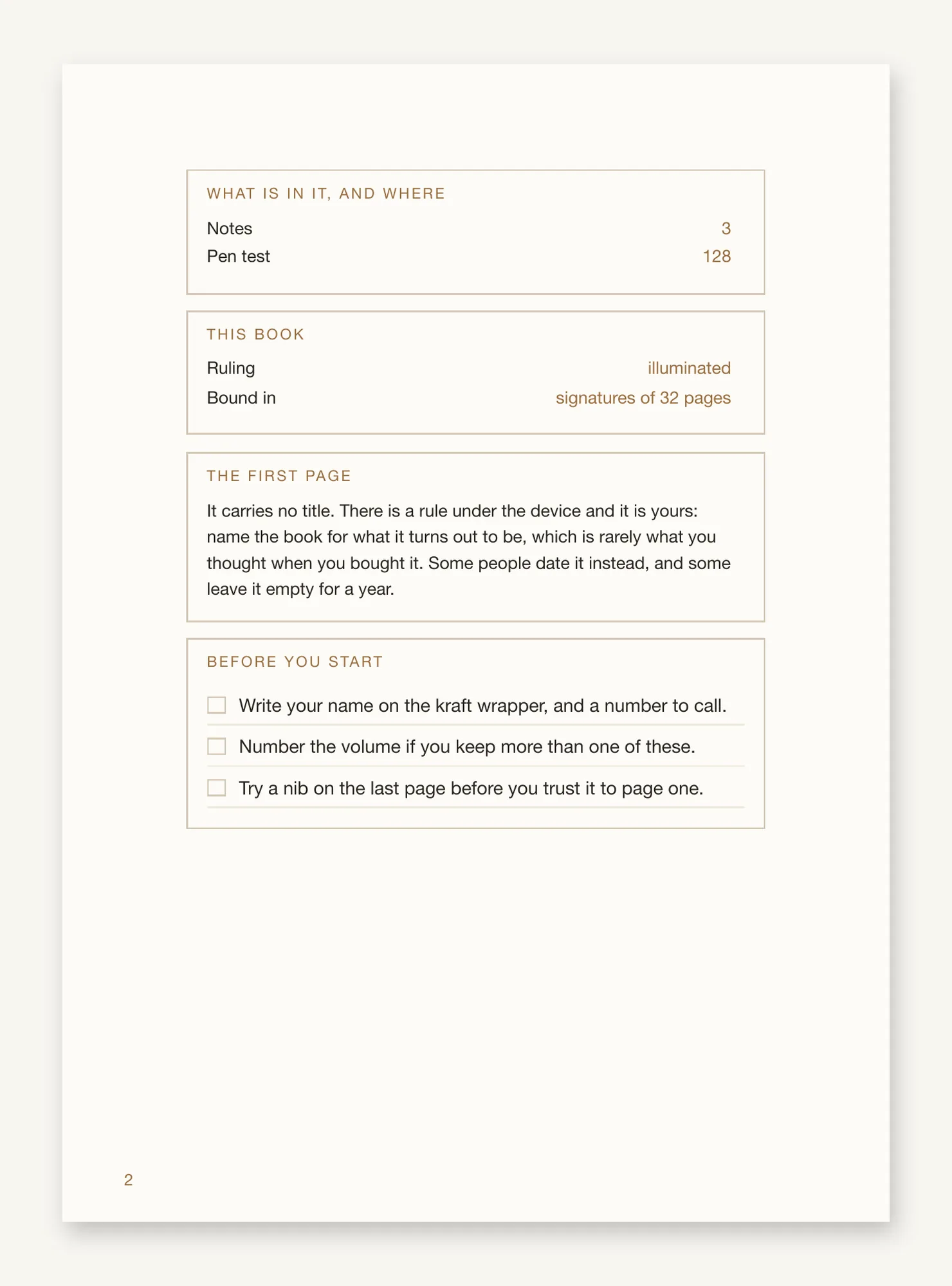 The front matter page, listing the contents and their pages, the ruling and the signature count, then a short checklist.