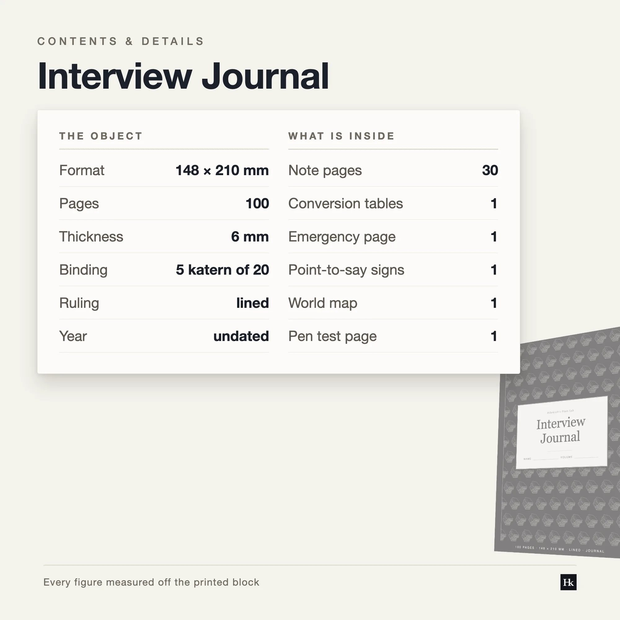 Detail card listing the Interview Journal contents: paired interview and follow-up pages, a notes section, and reference pages.