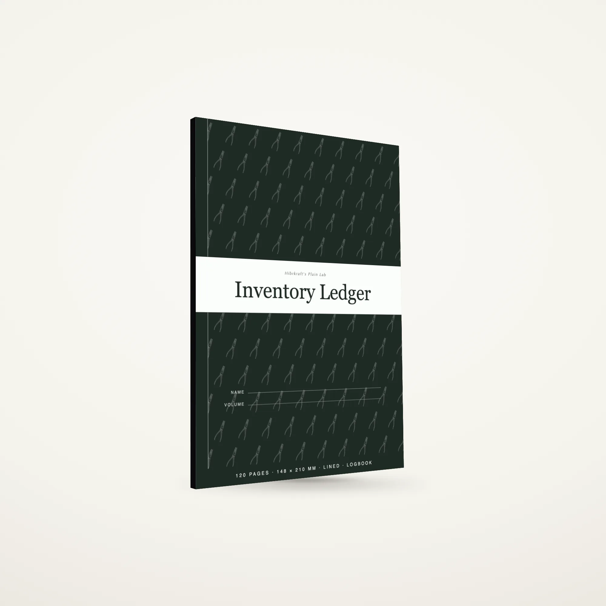 Um Inventory Ledger A5 de pé e fechado, páginas pautadas lá dentro para registos de stock, com cerca de sete milímetros de espessura.