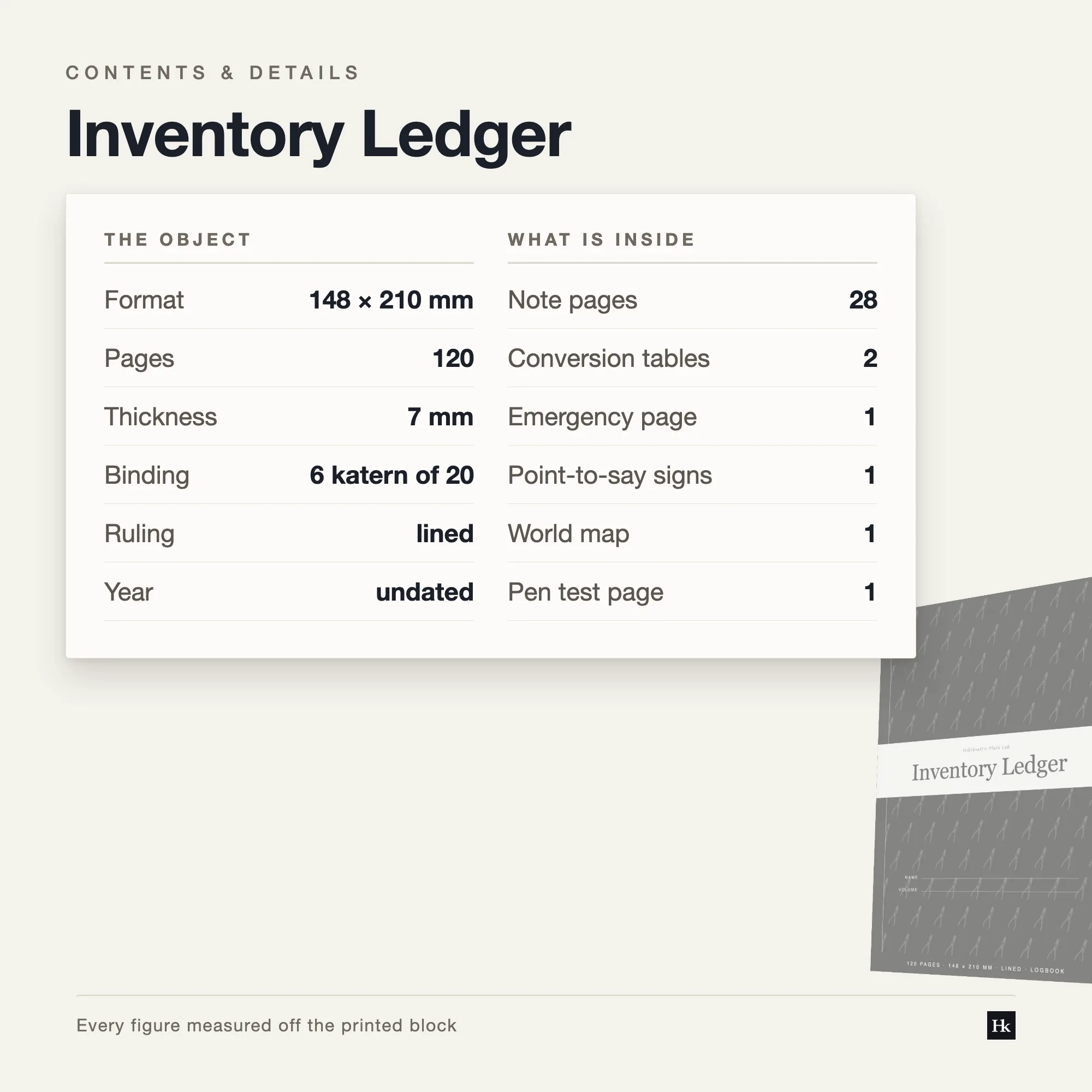 Specification card for the Inventory Ledger: ledger, count day book, notes, and reference pages, 120 pages total, A5, six signatures of twenty.