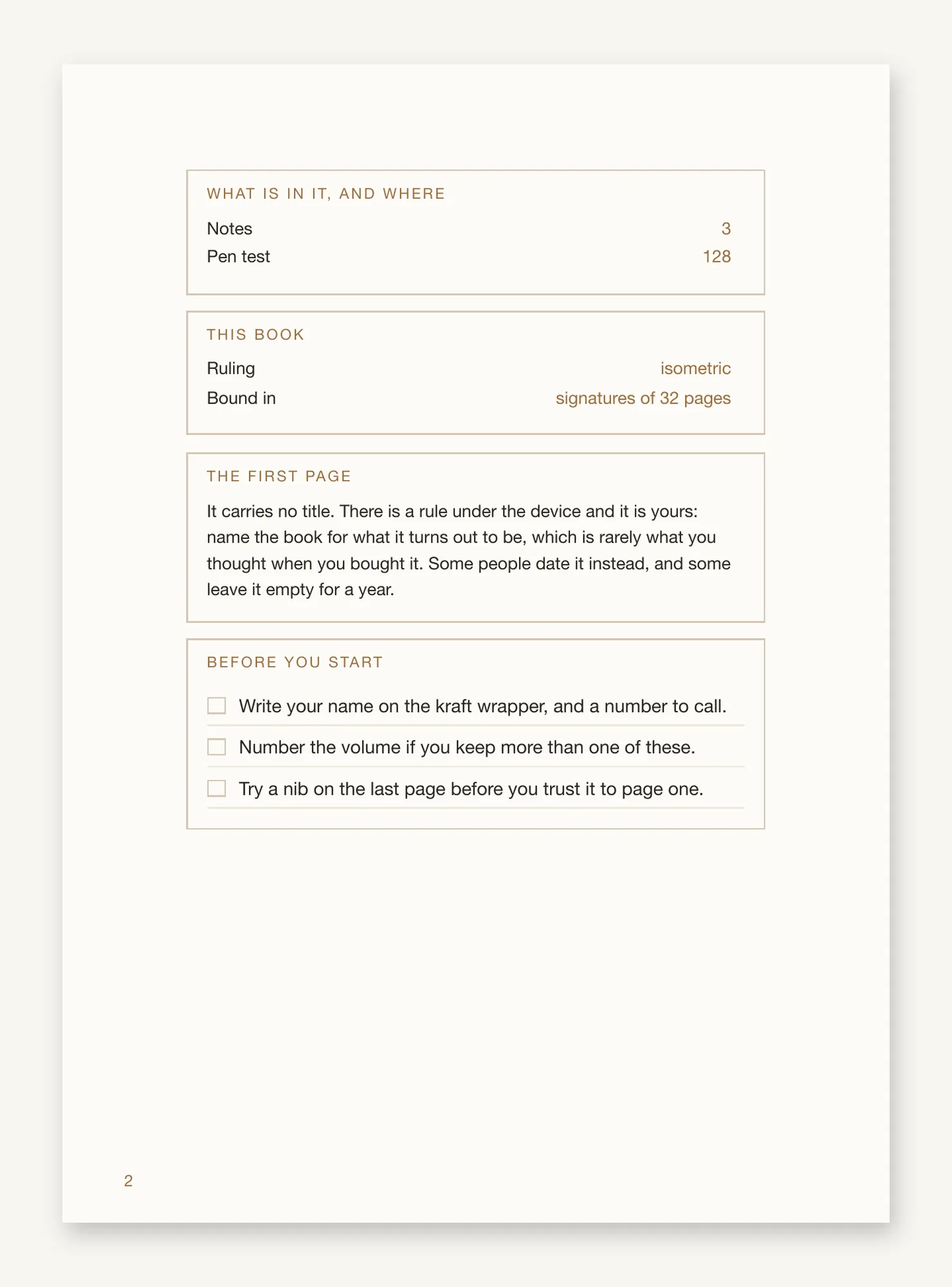 The front matter page, listing the contents and their starting pages, the ruling and the signature count, with a checklist before you begin.