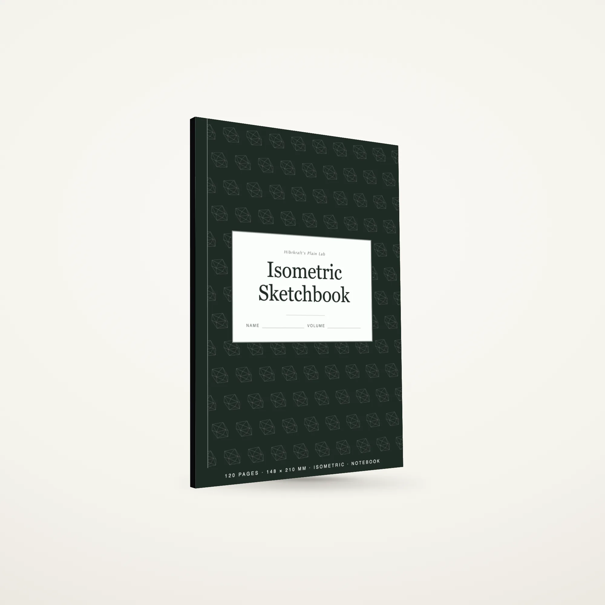 A5 isometric sketchbook standing closed on a plain surface, composition-style cover with a tiled illustration field and a label plate.