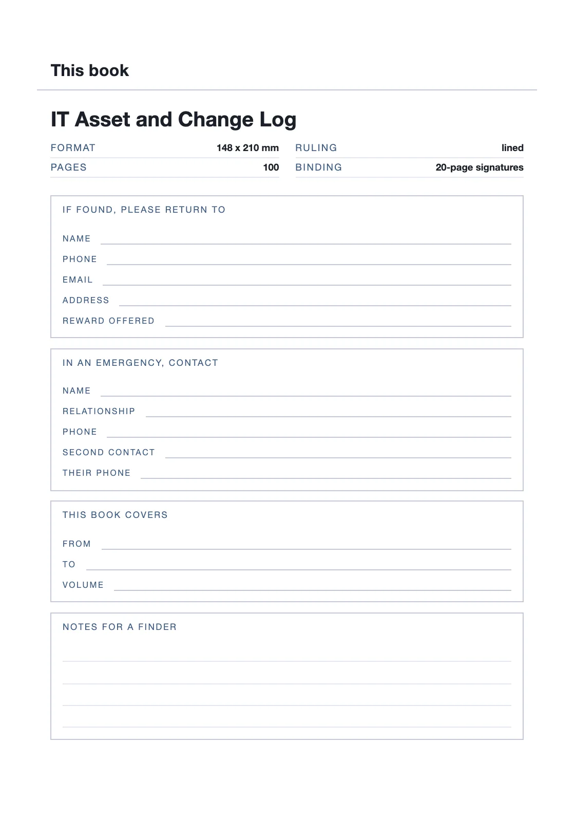 Satu halaman untuk nama dan nomor Anda, supaya buku yang hilang bisa kembali. — IT Asset and Change Log