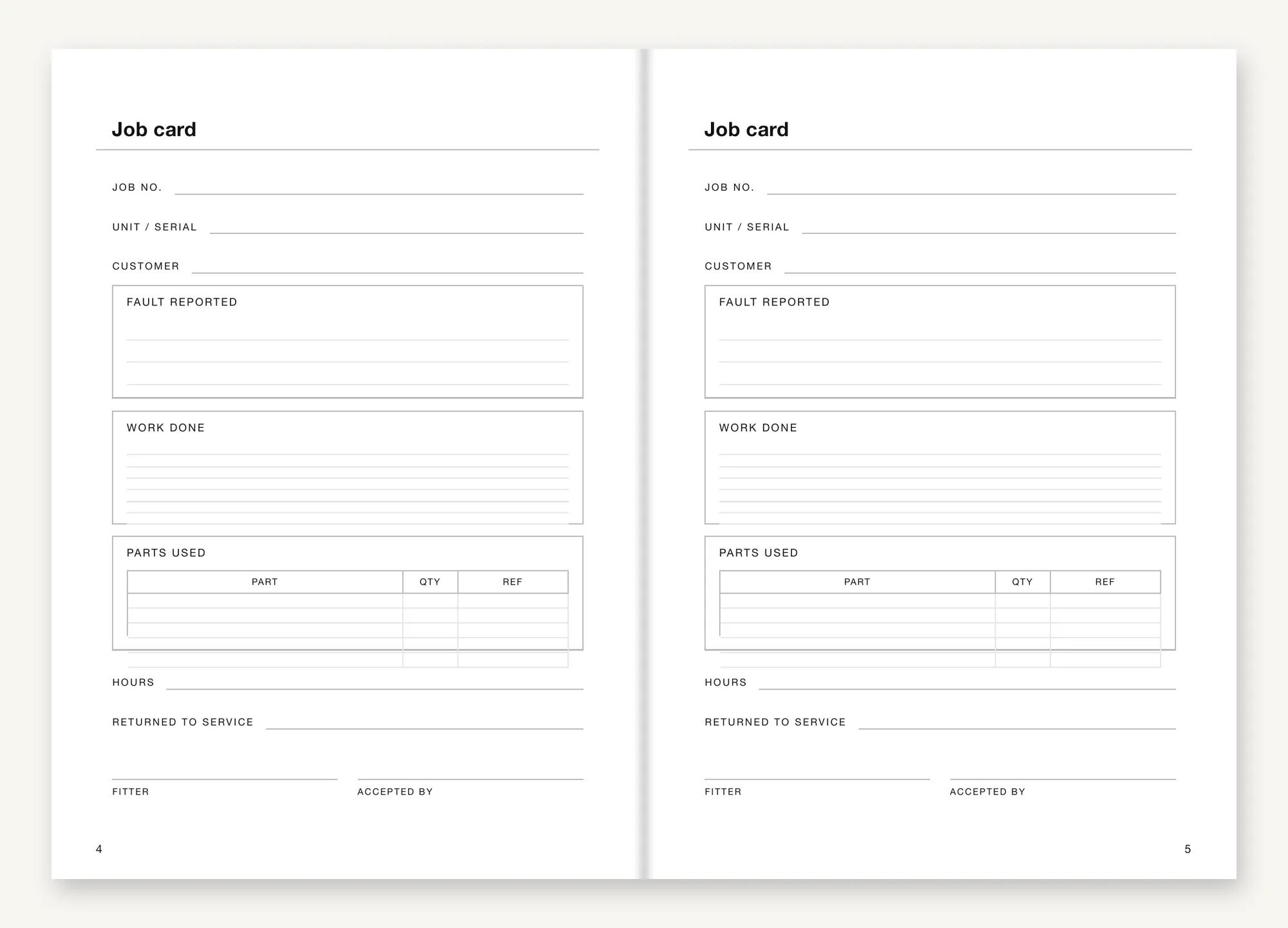 An opening of Job Notes Insert: two facing pages headed Job card, each with fields for job number, unit or serial and customer, boxed areas for the fault reported and the work done, a small table for parts used with part, quantity and reference columns, and lines for hours, returned to service, fitter and accepted by.