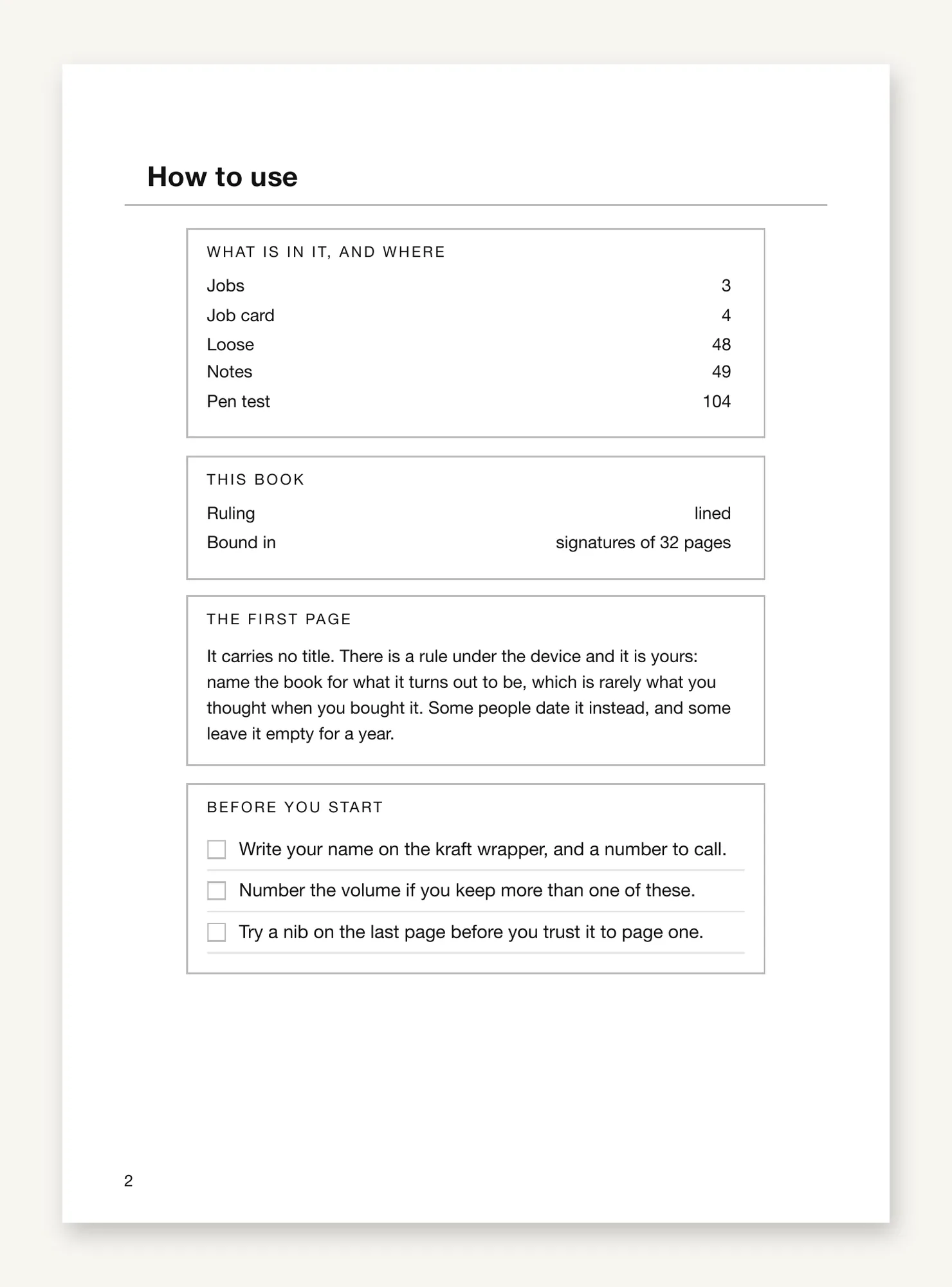 The front matter page, listing the job cards and the notes section with their starting pages, the ruling and the signature count, then a checklist.