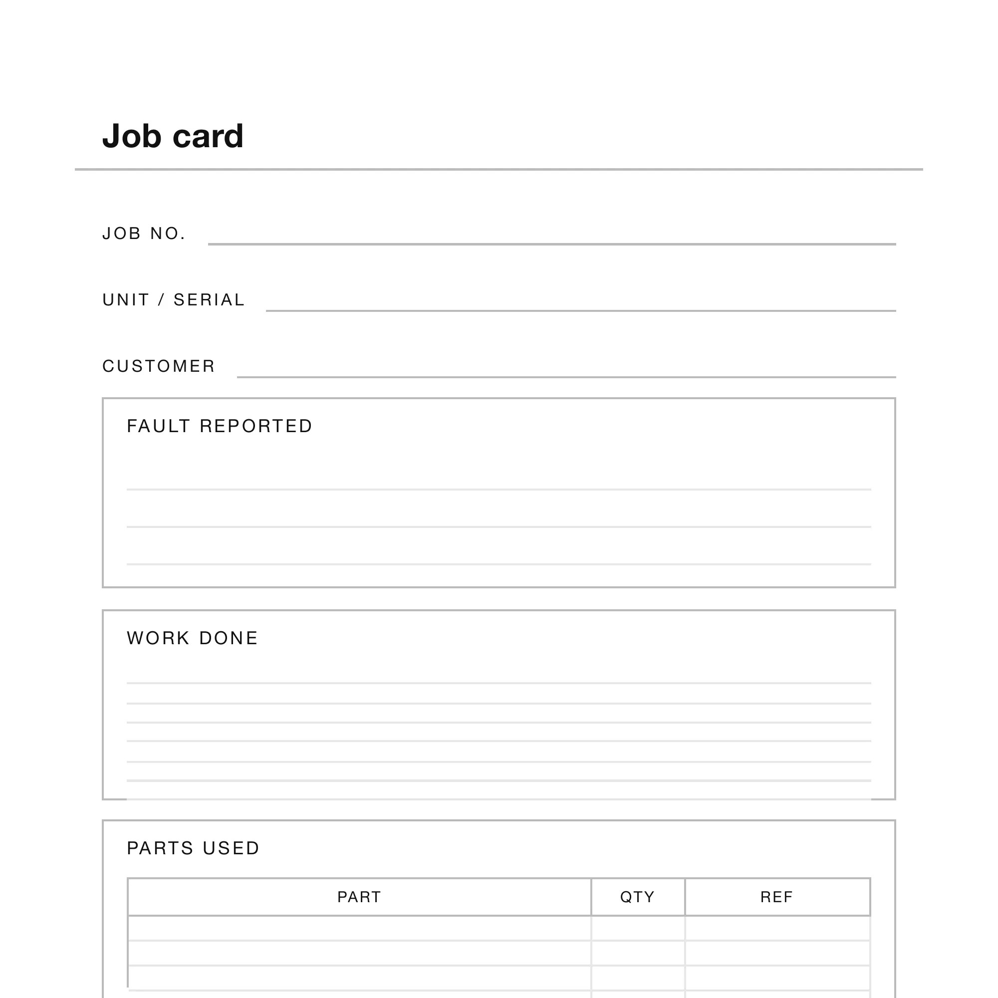 A close view of a job card, showing the parts-used table with its part, quantity and reference columns.