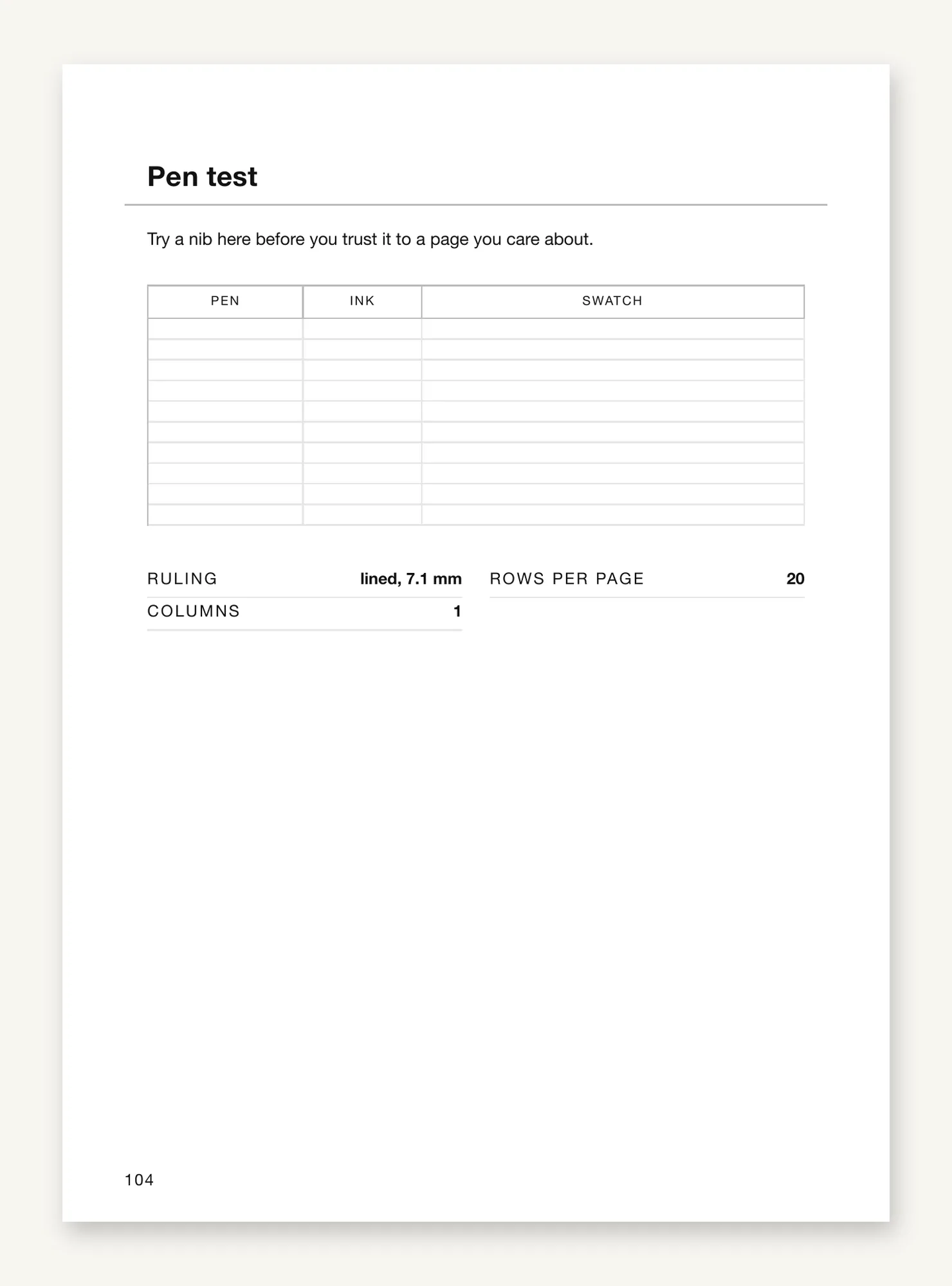 The pen-test leaf with its pen, ink and swatch table, and the printed figures: lined, 7.1 mm, 20 rows per page, one column.
