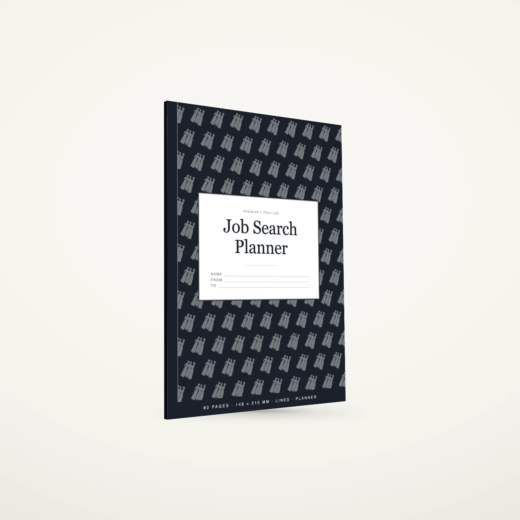Job Search Planner A5 de pé e fechado, capa azul-marinho escura mosqueada, revestida de silhuetas de figuras humanas, uma placa de rótulo branca ao centro, com cerca de quatro milímetros e meio de espessura.
