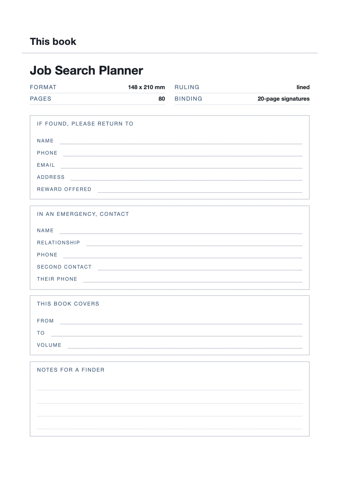 One page for your name and number, so a book that goes missing can come back. — Job Search Planner