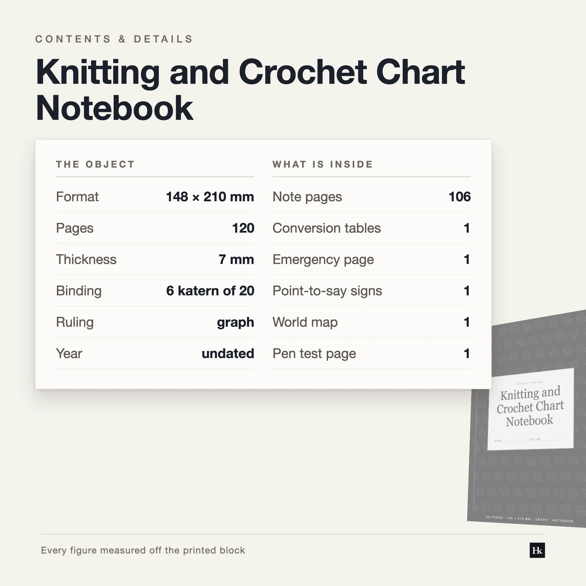 Specification card for the Knitting and Crochet Chart Notebook listing 2 gauge pages, 106 charting pages, 5.0 mm grid, 120 pages total, A5 trim.