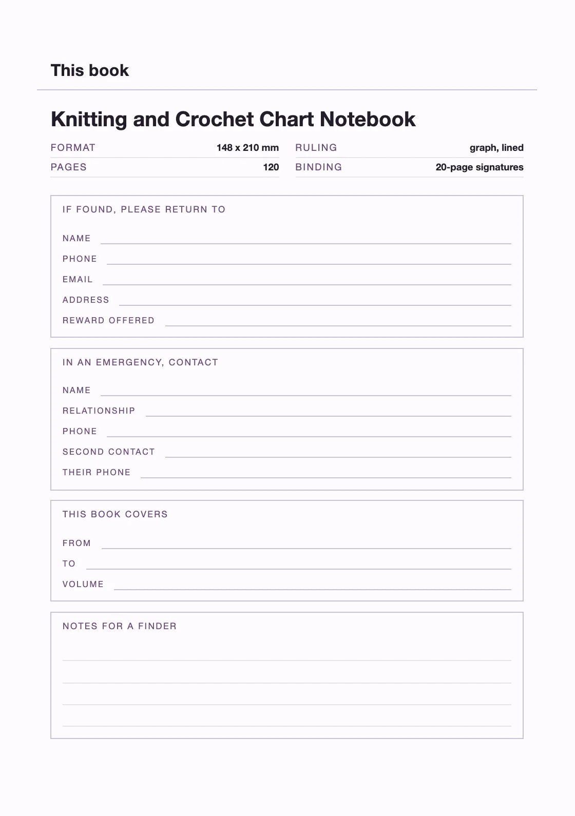 Satu halaman untuk nama dan nomor Anda, supaya buku yang hilang bisa kembali. — Knitting and Crochet Chart Notebook