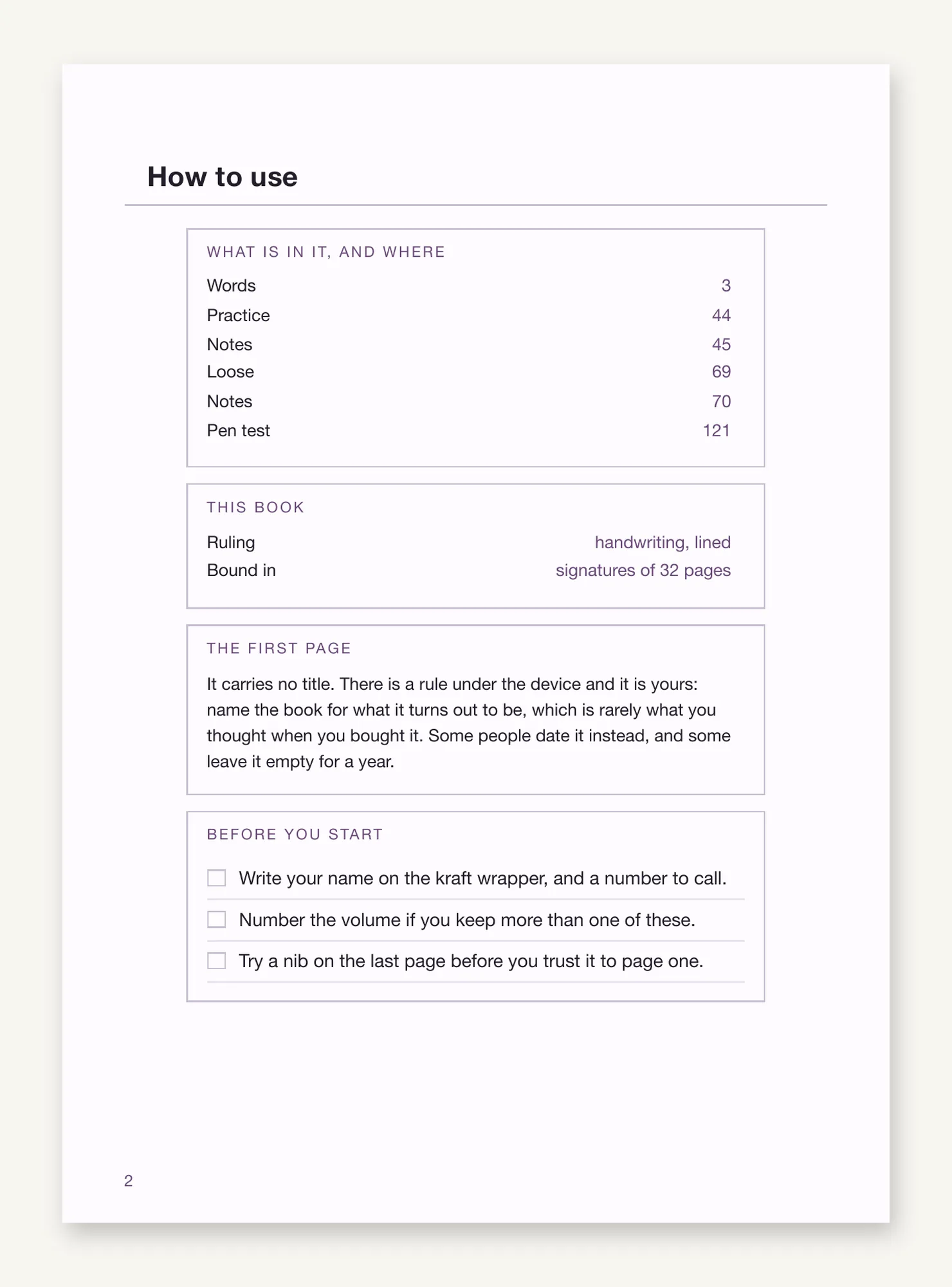The front matter page, giving the vocabulary tables and the practice pages with their starting points, the ruling and the signature count, and a short checklist.