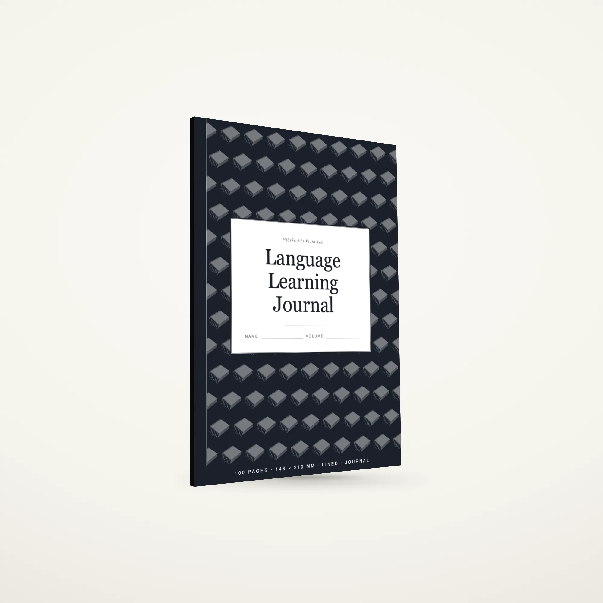 A5 Language Learning Journal standing closed, lined cover with a books-and-quill motif, about six millimetres thick.