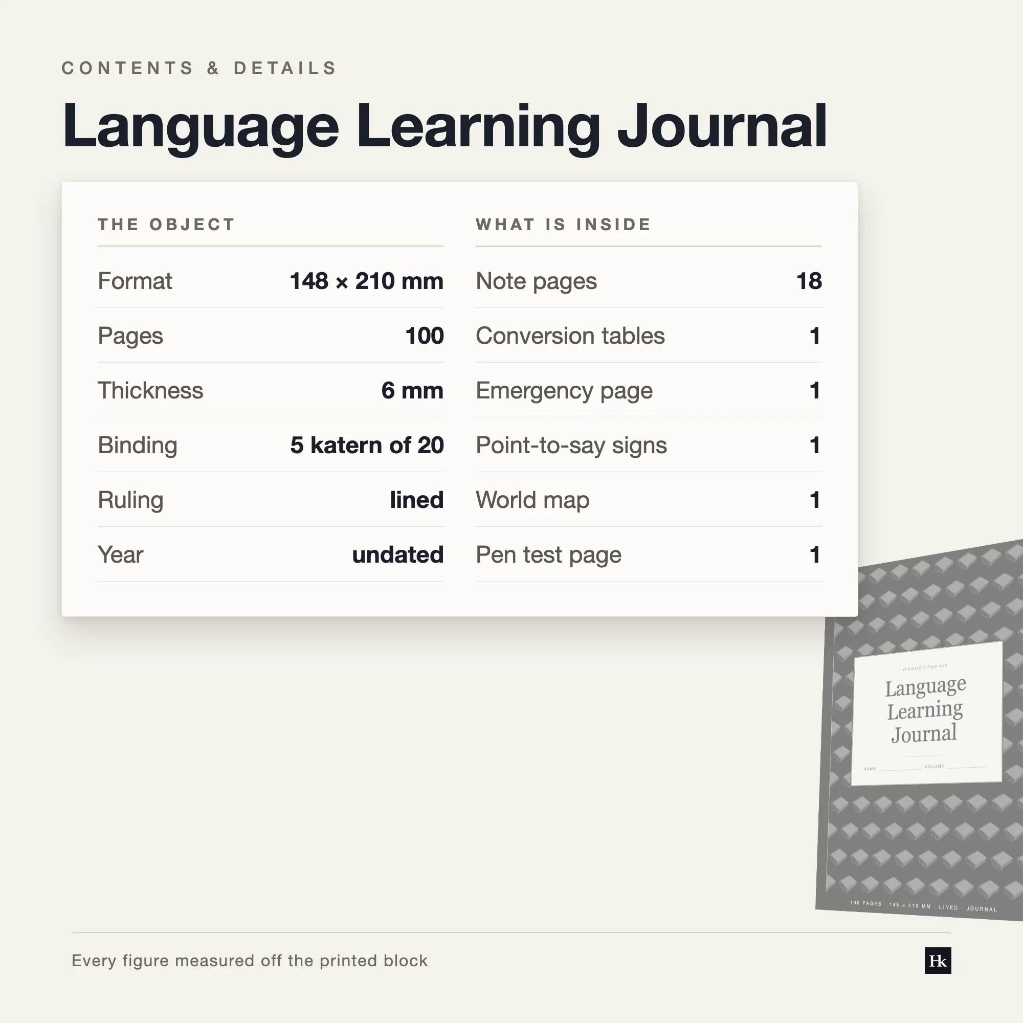 Specification card listing the Language Learning Journal contents: 72 vocabulary pages, 18 notes pages, 100 pages total, A5 trim, five signatures of twenty.