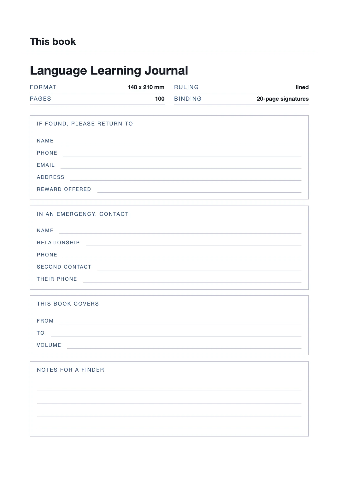 Uma página para o seu nome e número, para que um livro perdido possa voltar. — Language Learning Journal