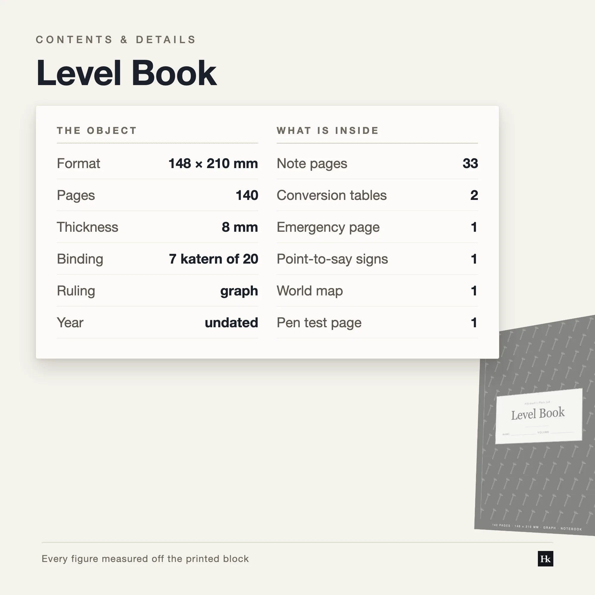 Specification card for the Level Book: eight-column table, squared paper at 5.0 mm, one hundred forty pages total, A5 trim.