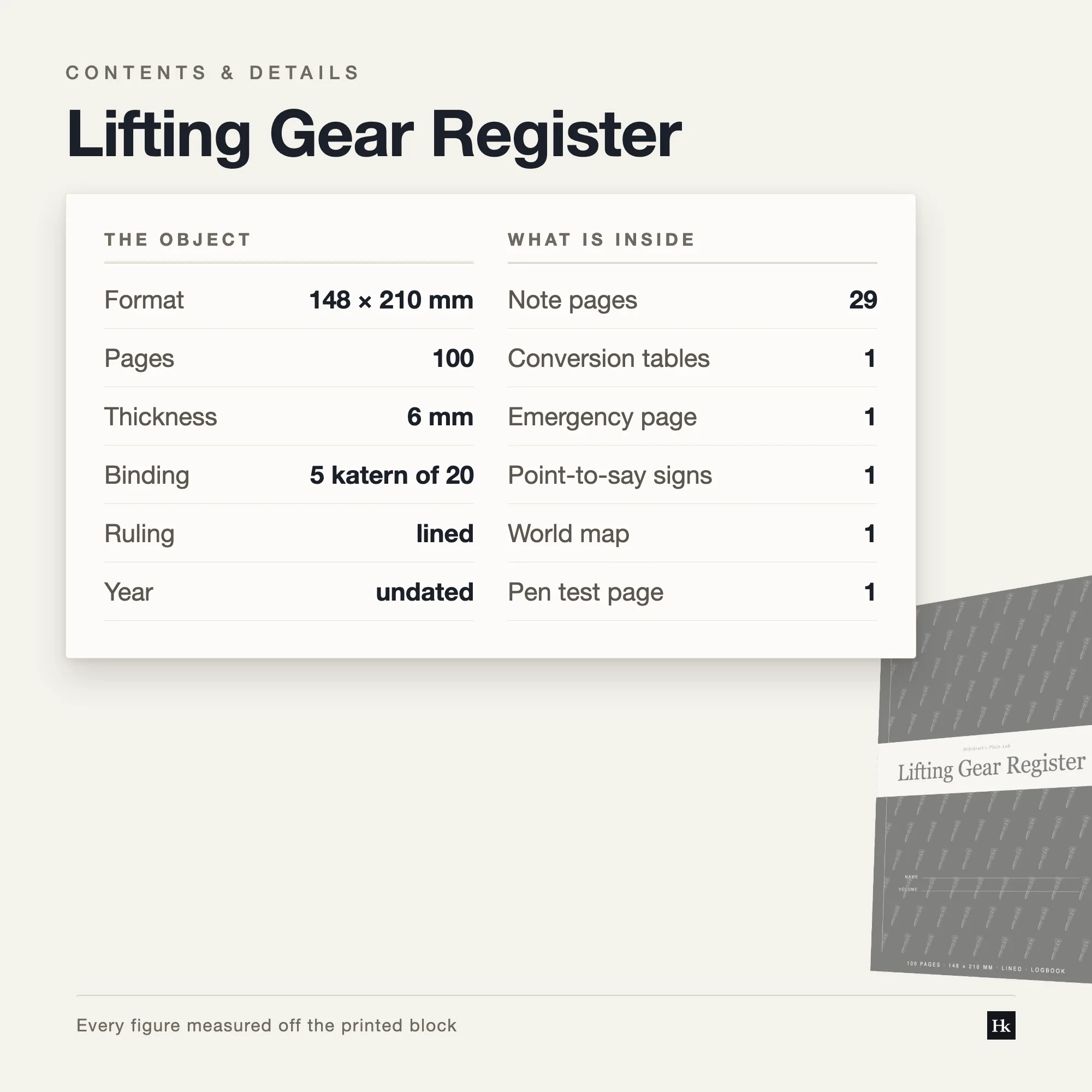 Specification card listing the Lifting Gear Register contents: 60 record pages, 29 note pages, 100 pages total, A5 trim, five signatures of twenty.
