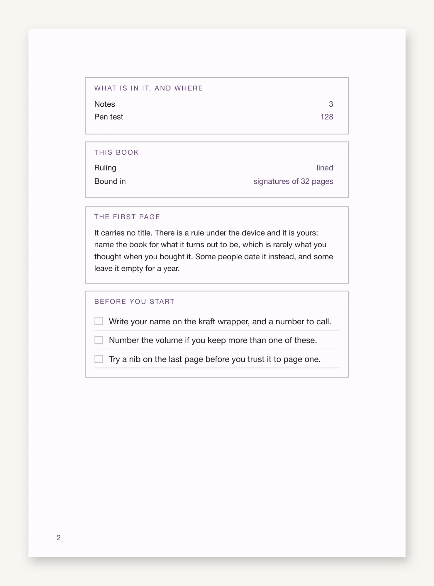 The front matter page, listing the contents and their starting pages, the ruling and the signature count, and a short checklist.