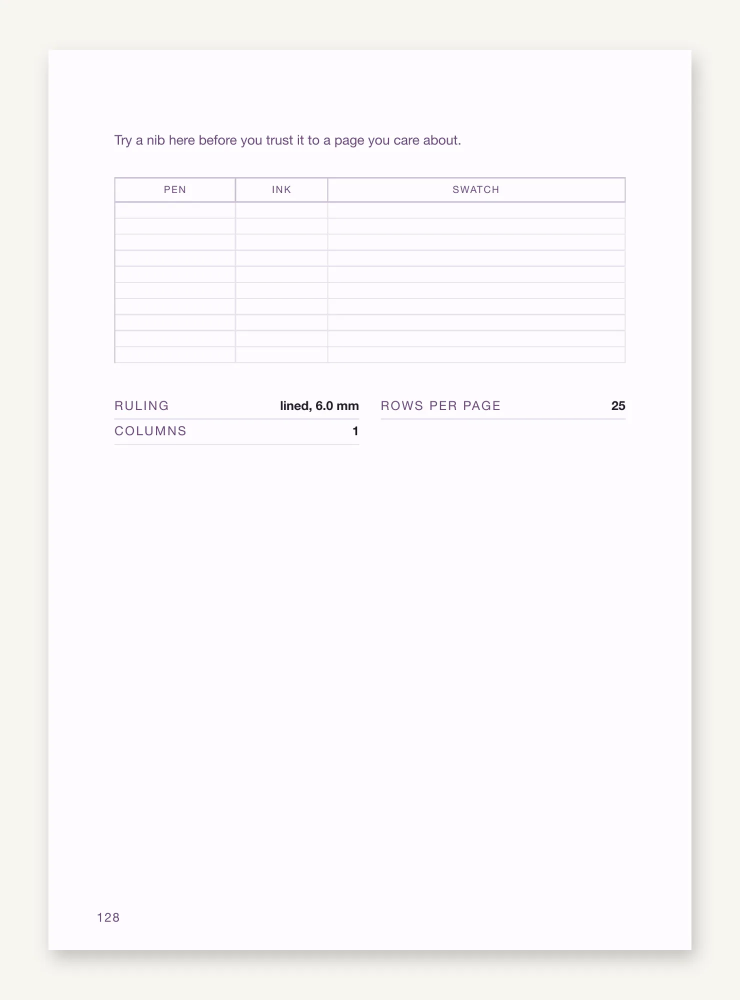 The pen-test leaf, with pen, ink and swatch columns and the figures printed at the foot: lined, 6.0 mm, 25 rows per page, one column.