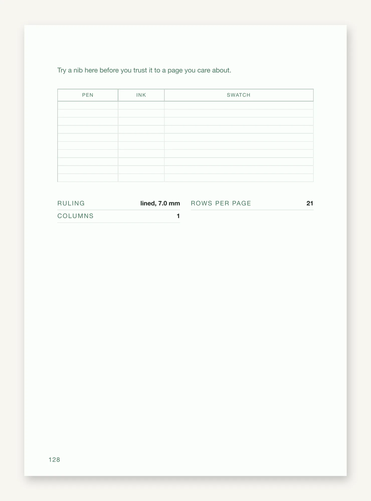 The pen-test leaf with its pen, ink and swatch table, and the printed figures: lined, 7.0 mm, 21 rows per page, one column.