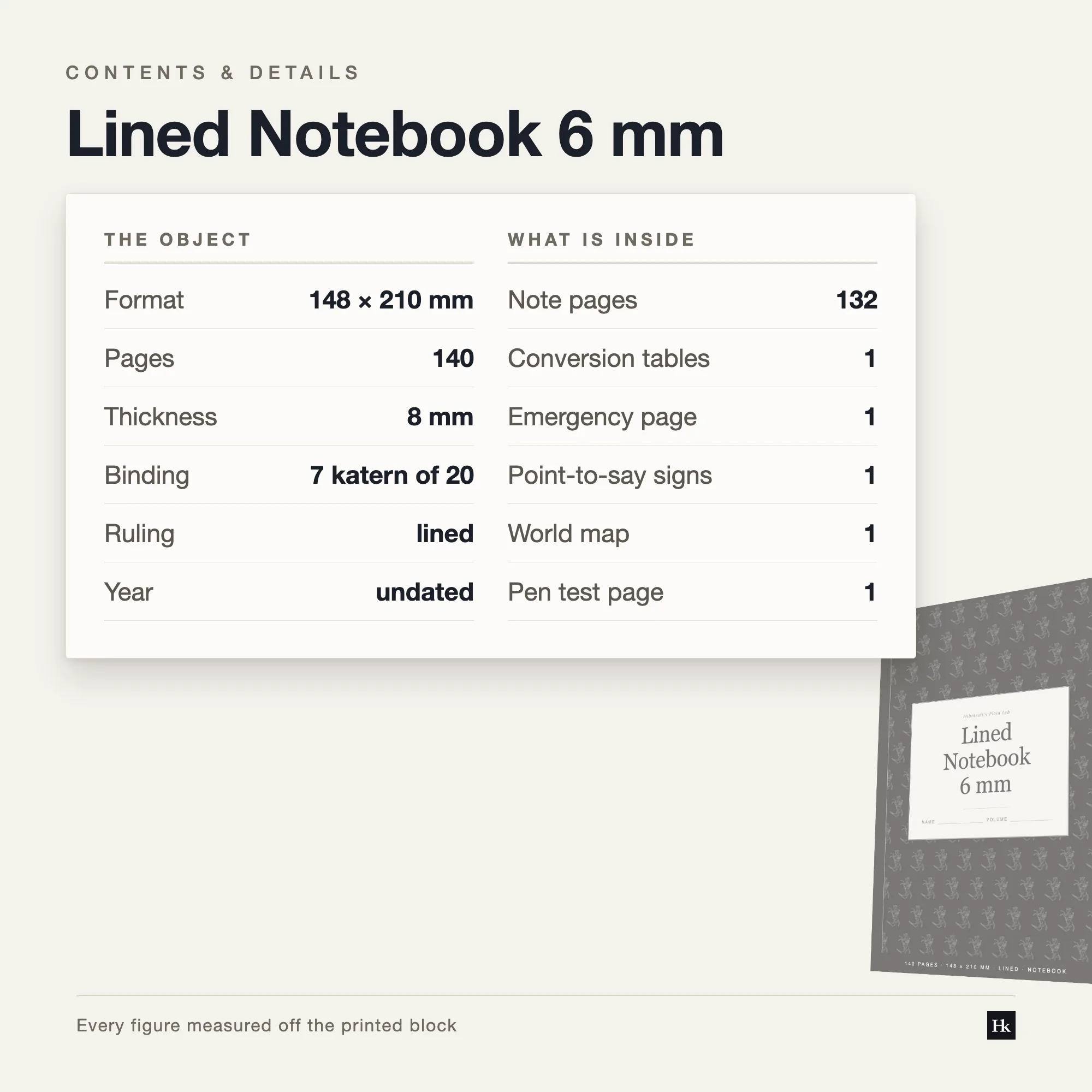 Specification card for the Lined Notebook 6 mm listing 132 ruled pages, 6.0 mm pitch, 30 lines, 140 pages total, A5 trim.