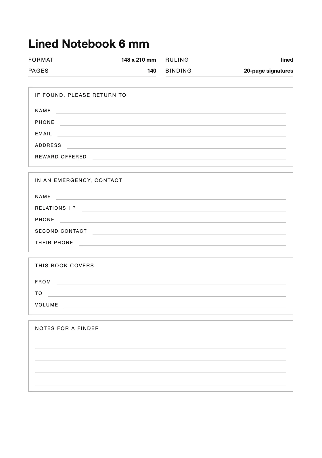 Satu halaman untuk nama dan nomor Anda, supaya buku yang hilang bisa kembali. — Lined Notebook 6 mm