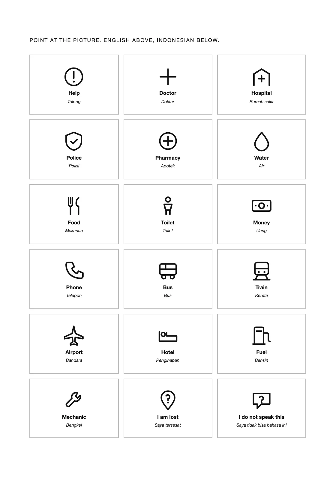 Piktogram dengan keterangan Inggris di atas dan Indonesia di bawah, untuk saat tidak ada bahasa yang sama. — Lined Notebook 6 mm