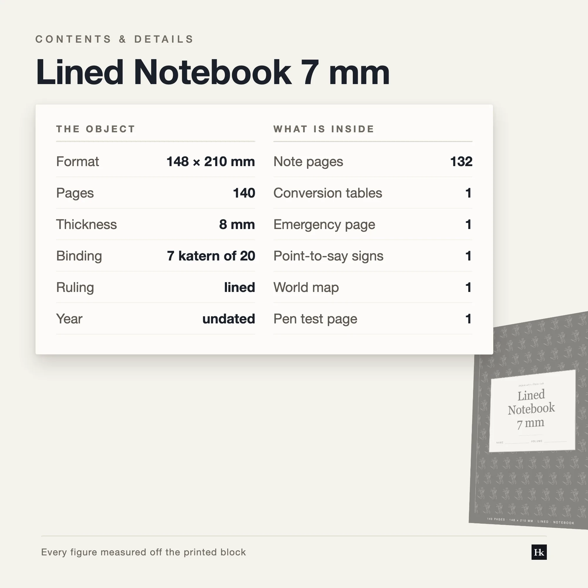 Specification card for the Lined Notebook 7 mm listing 132 ruled pages, 7.0 mm pitch, 26 lines, 140 pages total, A5 trim.
