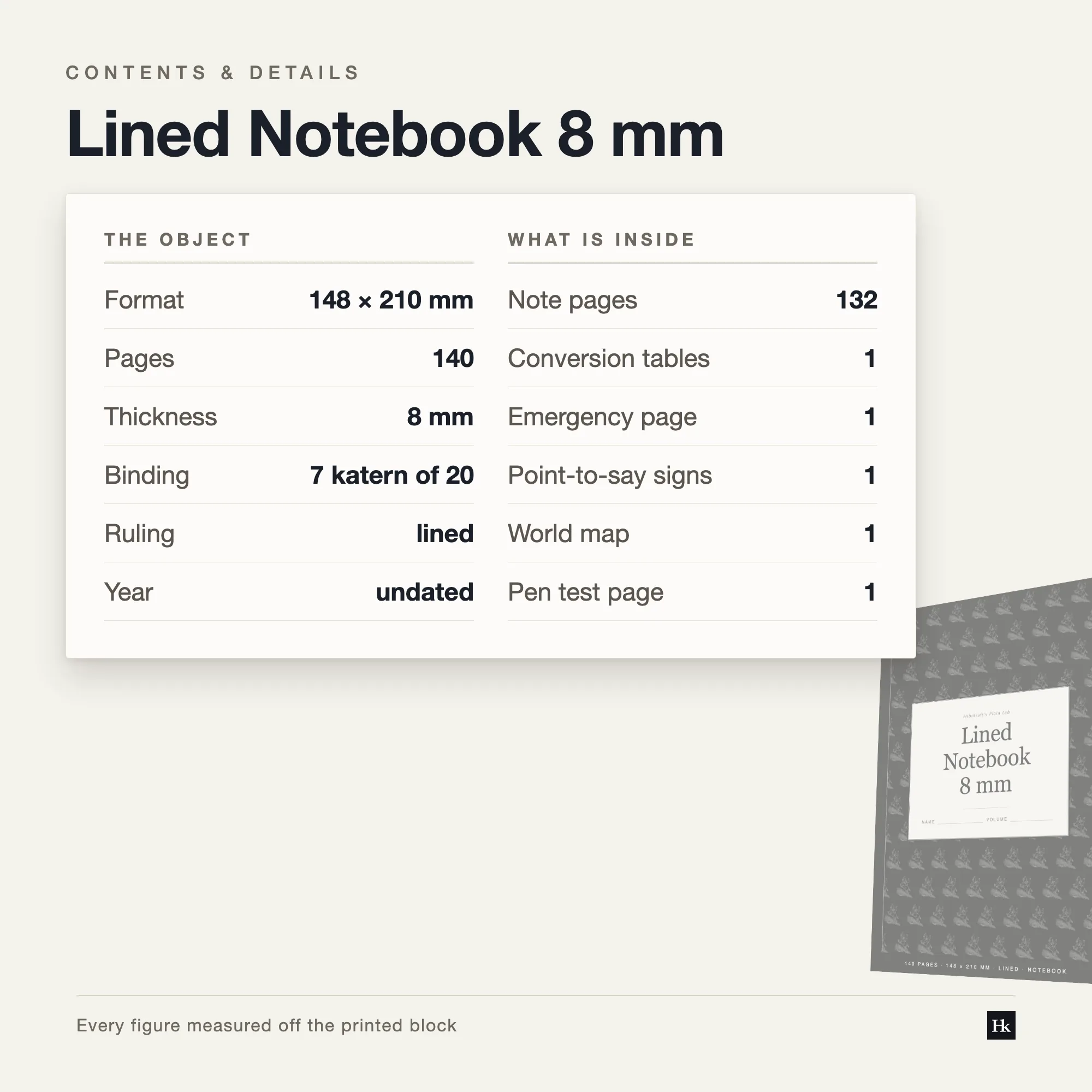 Specification card for the Lined Notebook 8 mm listing 132 ruled pages at 8.00 mm, 23 lines per page, 140 pages total, A5 trim.
