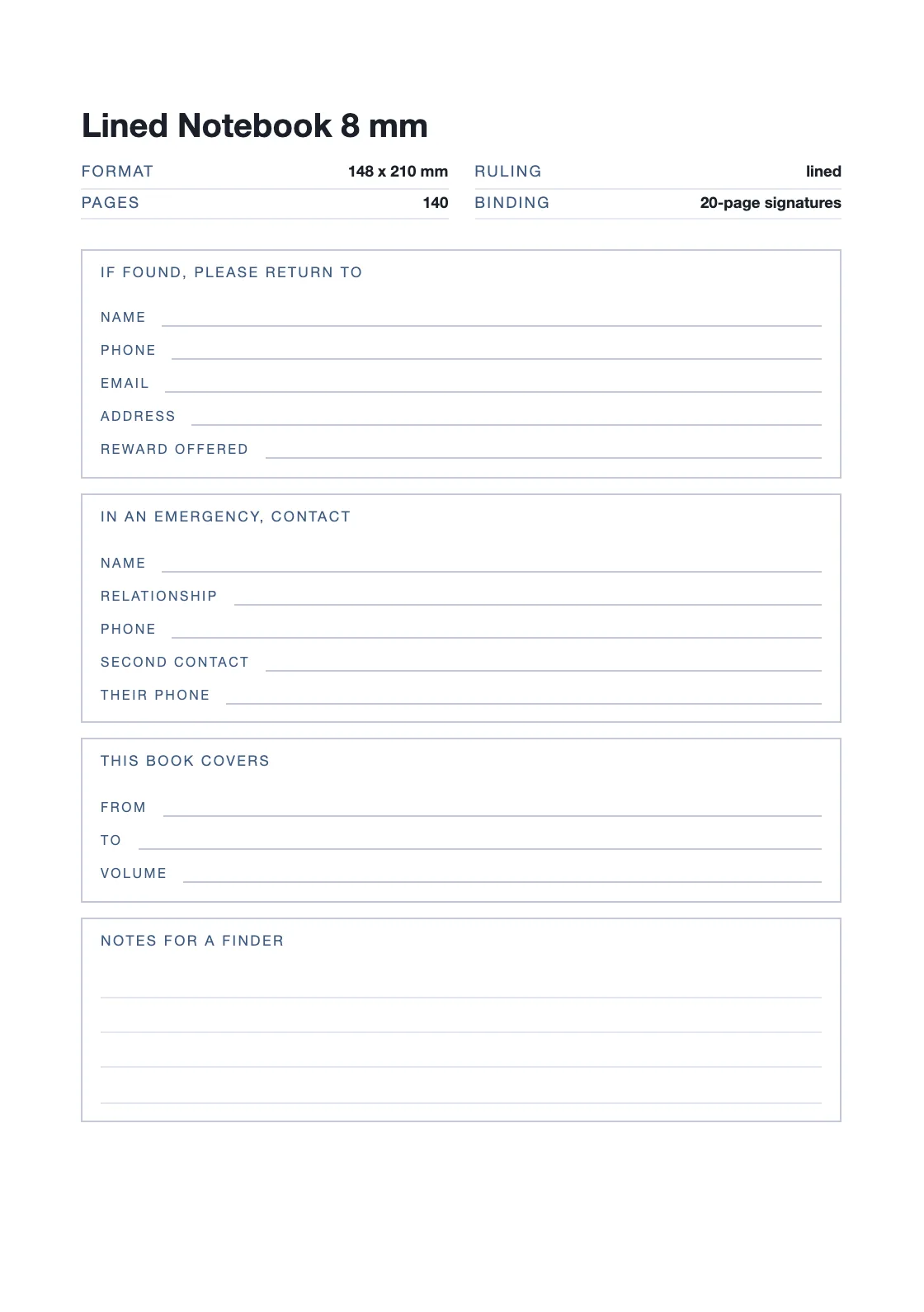 One page for your name and number, so a book that goes missing can come back. — Lined Notebook 8 mm