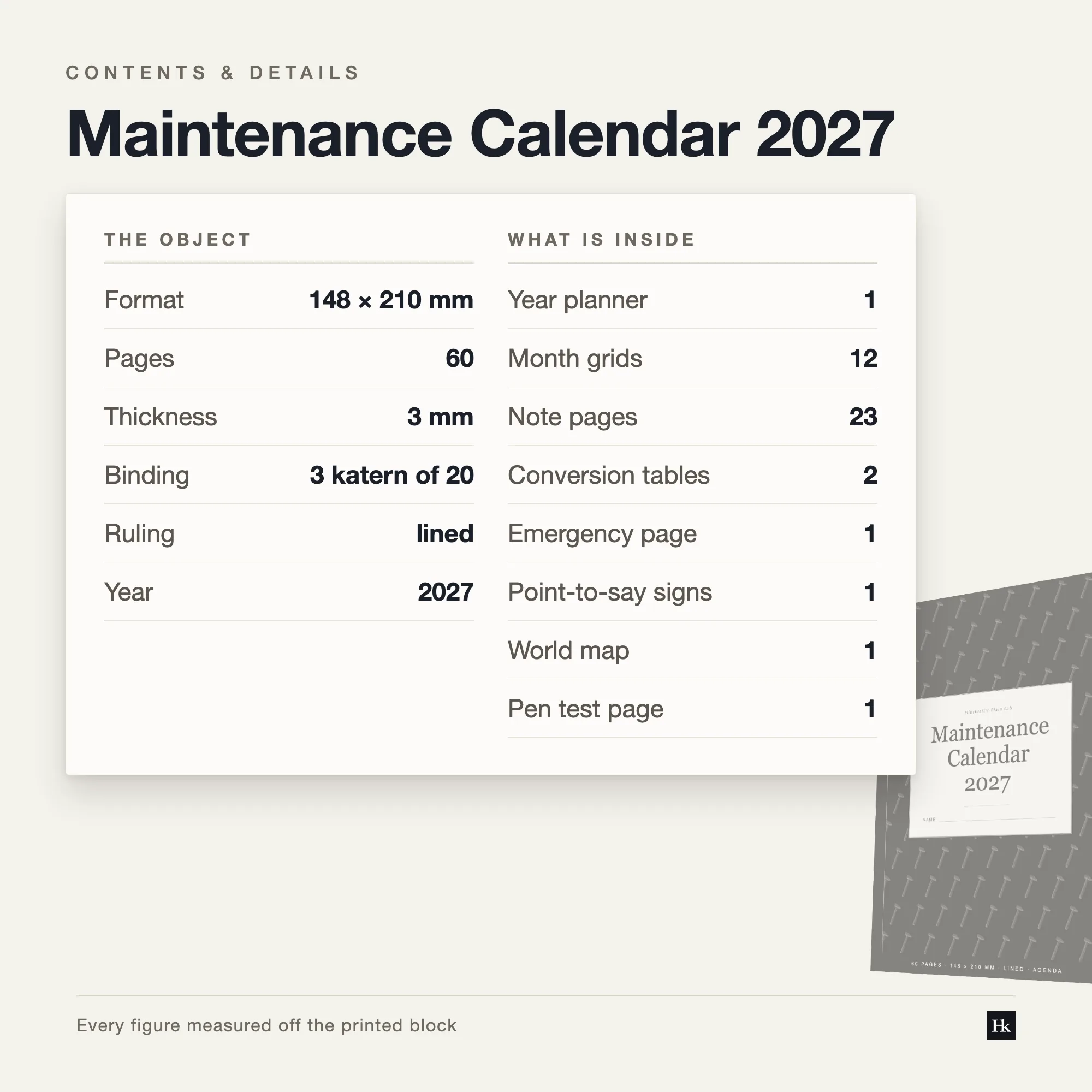Specification card listing the Maintenance Calendar 2027 contents: Schedule pages, Log pages, 60 pages total, A5 trim, three signatures of twenty.