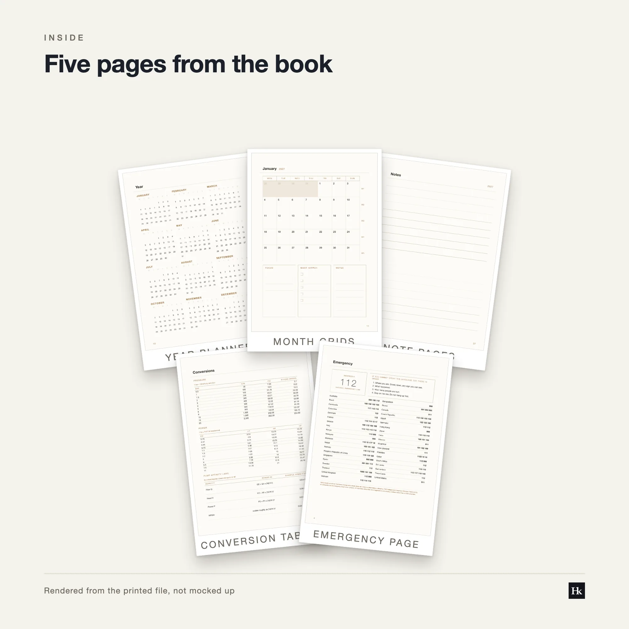 Five pages from the Maintenance Calendar 2027 laid out as cards: a Schedule grid page, a month page, a Log page, a conversion table, and the pen test page.