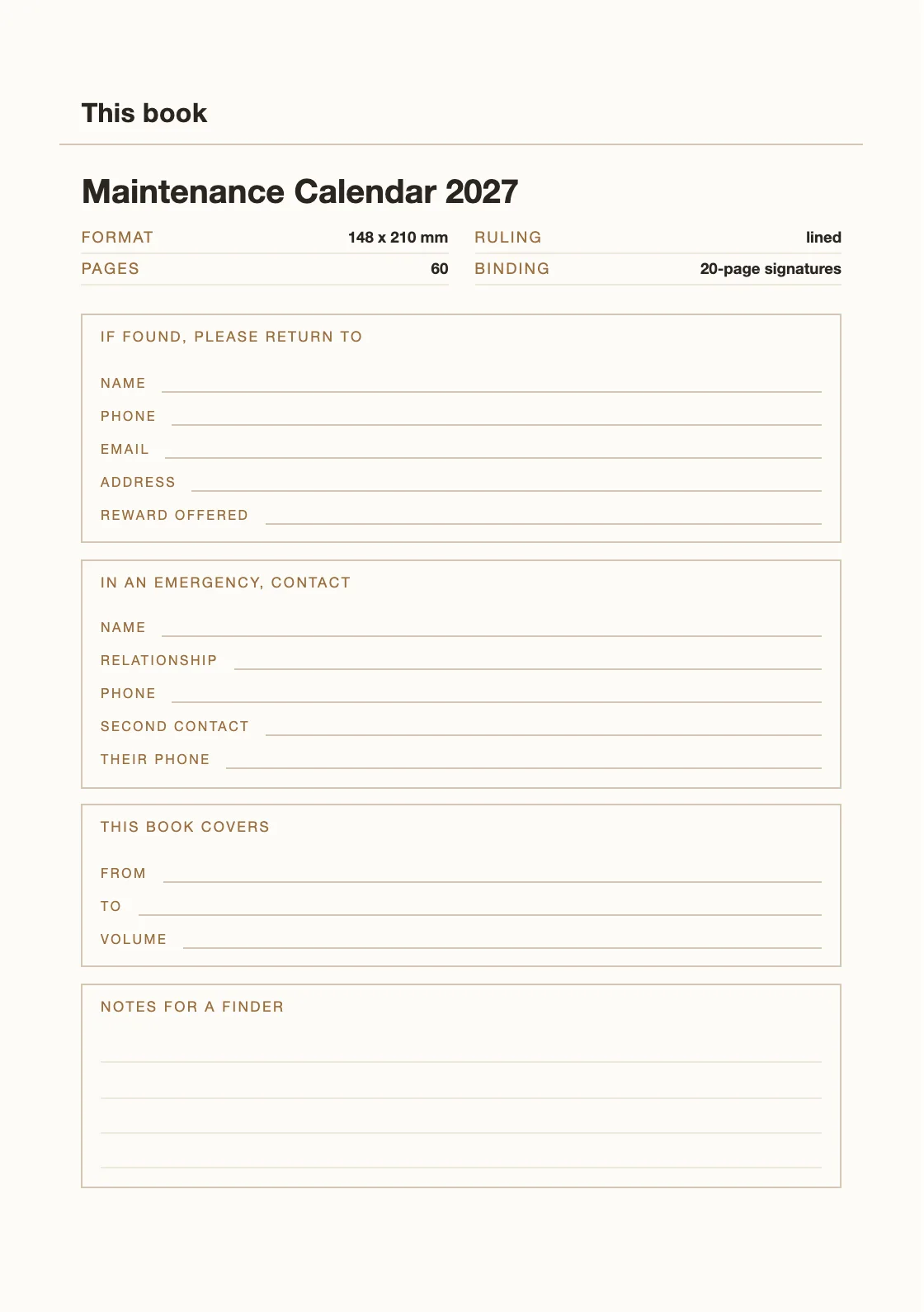 Satu halaman untuk nama dan nomor Anda, supaya buku yang hilang bisa kembali. — Maintenance Calendar 2027