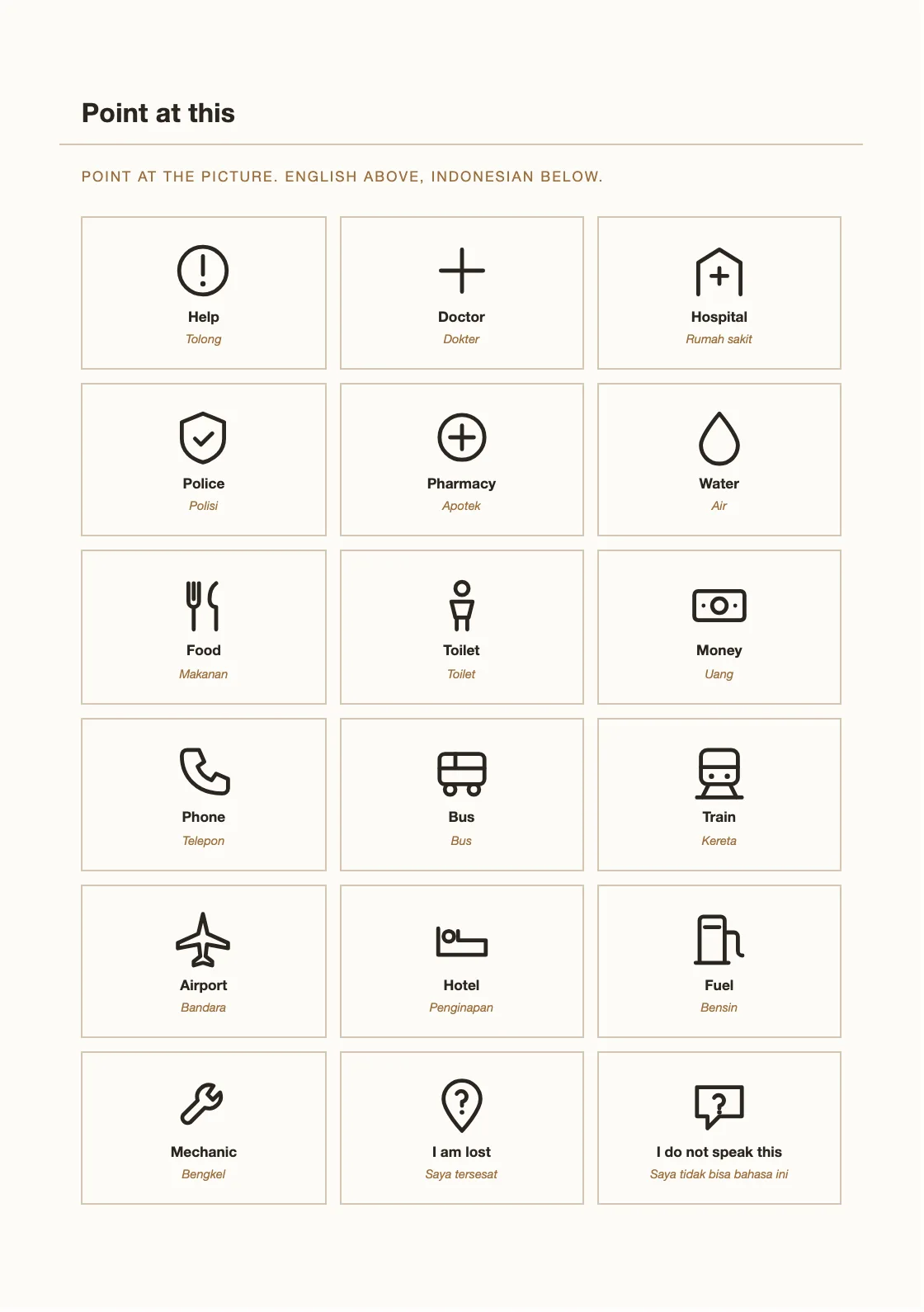 Piktogram dengan keterangan Inggris di atas dan Indonesia di bawah, untuk saat tidak ada bahasa yang sama. — Maintenance Calendar 2027