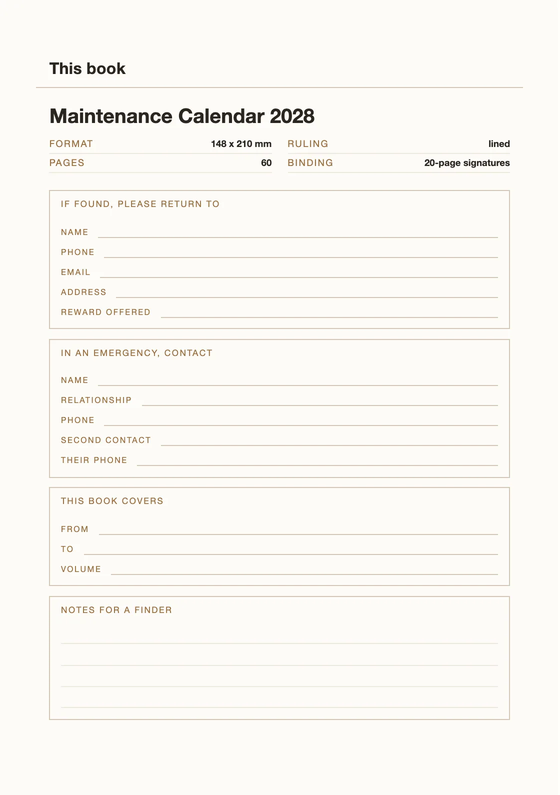 Satu halaman untuk nama dan nomor Anda, supaya buku yang hilang bisa kembali. — Maintenance Calendar 2028