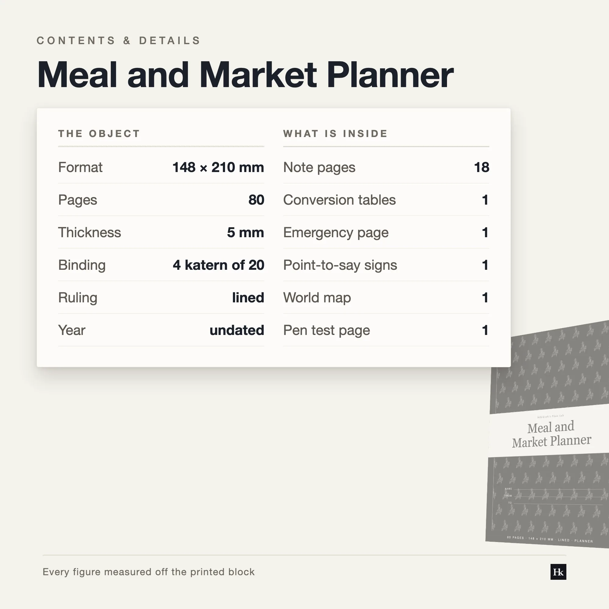 Specification card listing the Meal and Market Planner contents: 52 meal pages, 18 notes pages, 80 pages total, A5 trim, four signatures of twenty.