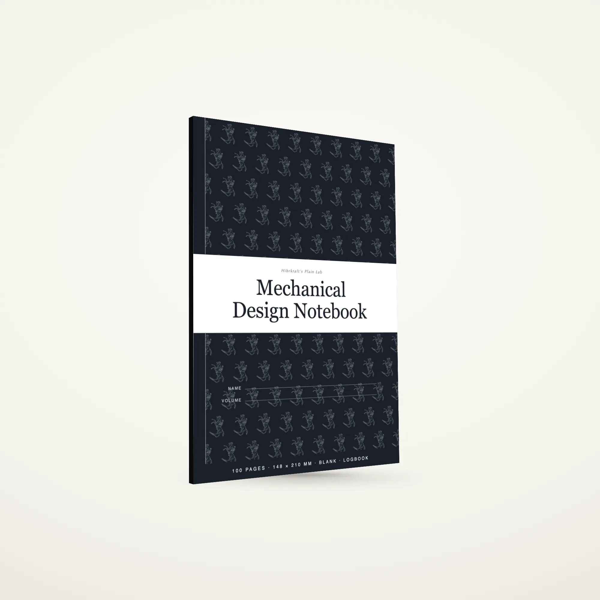 Sebuah Mechanical Design Notebook A5 berdiri tertutup, halaman kosong di dalamnya untuk menyketsa dan catatan desain, tebal sekitar enam milimeter.