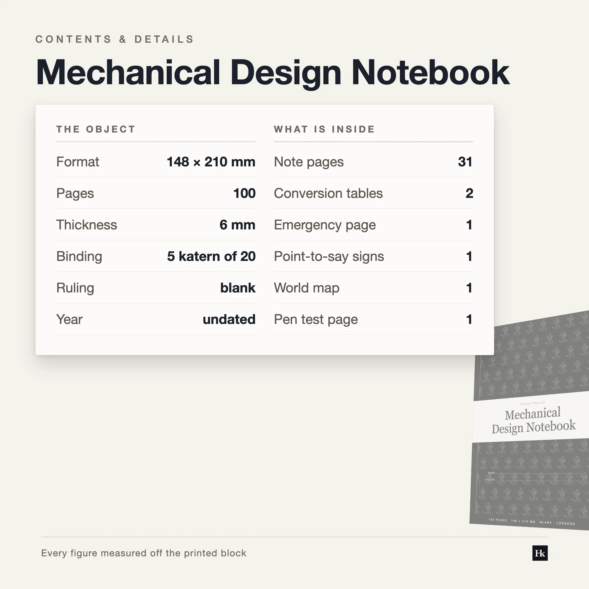 Specification card for the Mechanical Design Notebook: sketch pages, project pages, notes, and reference pages, 100 pages total, A5, five signatures of twenty.