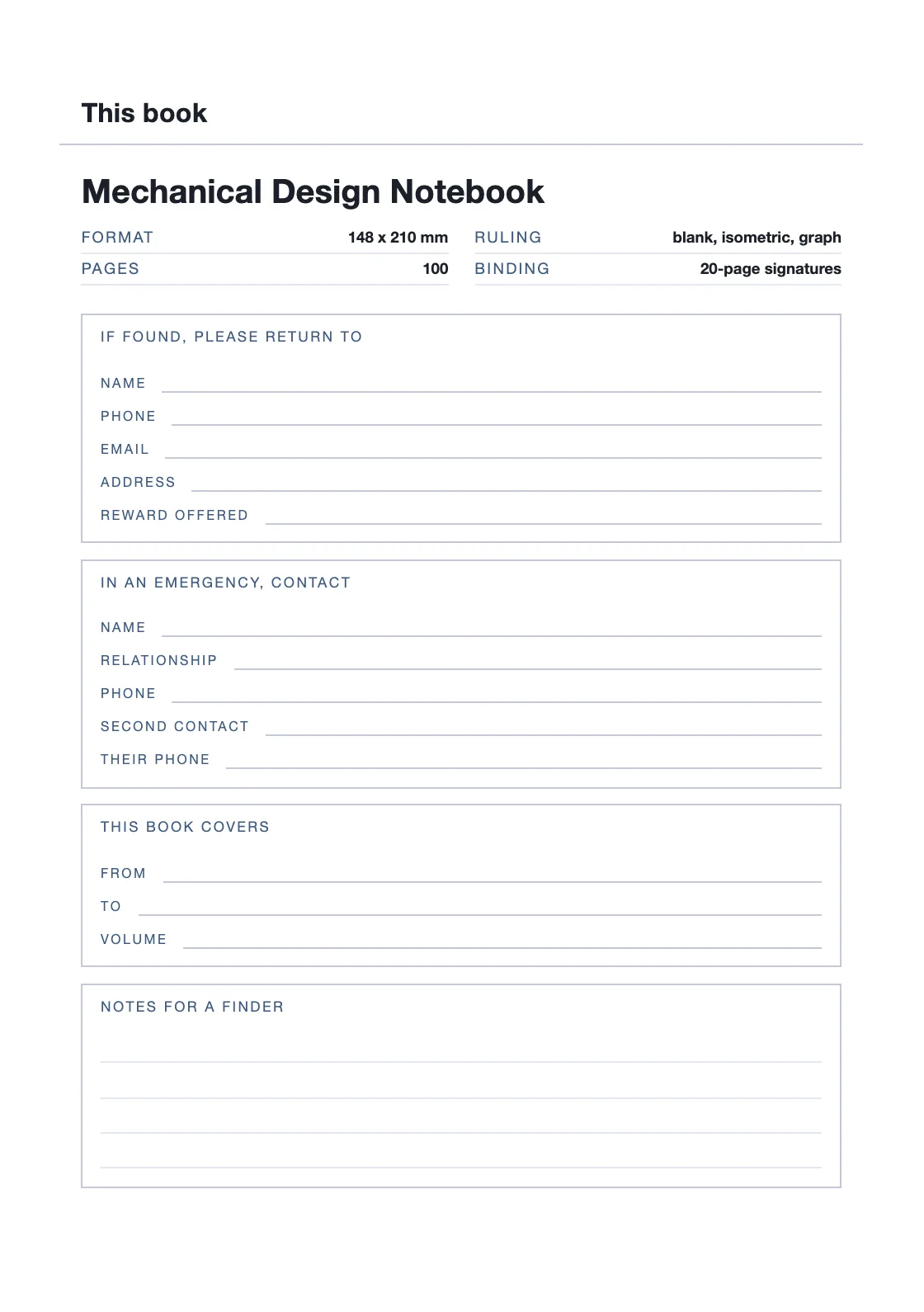 Uma página para o seu nome e número, para que um livro perdido possa voltar. — Mechanical Design Notebook