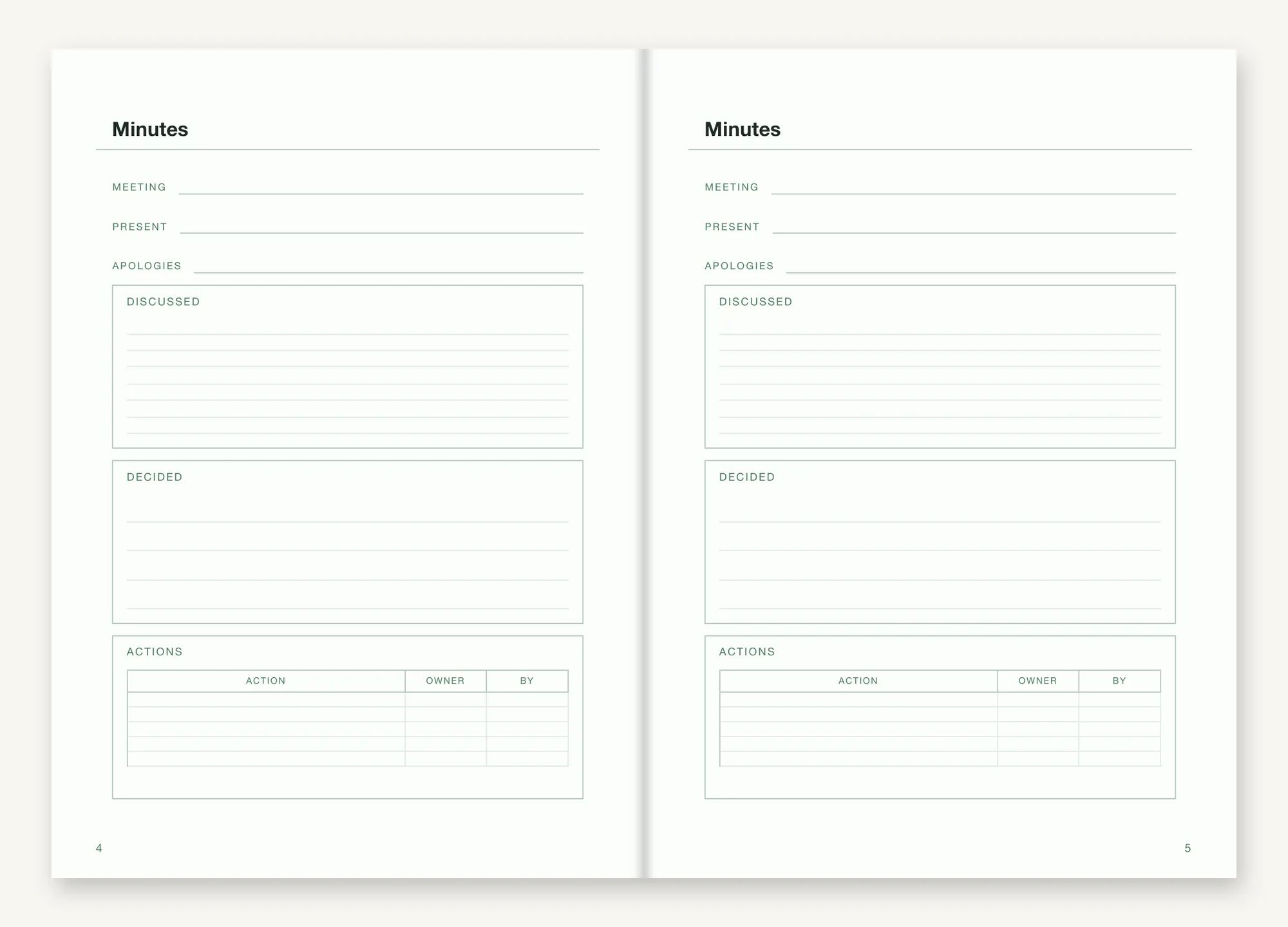 An opening of Meeting Notes Insert: two facing pages headed Minutes, each with lines for the meeting, who was present and who sent apologies, boxed areas for what was discussed and what was decided, and a small actions table with action, owner and by columns.
