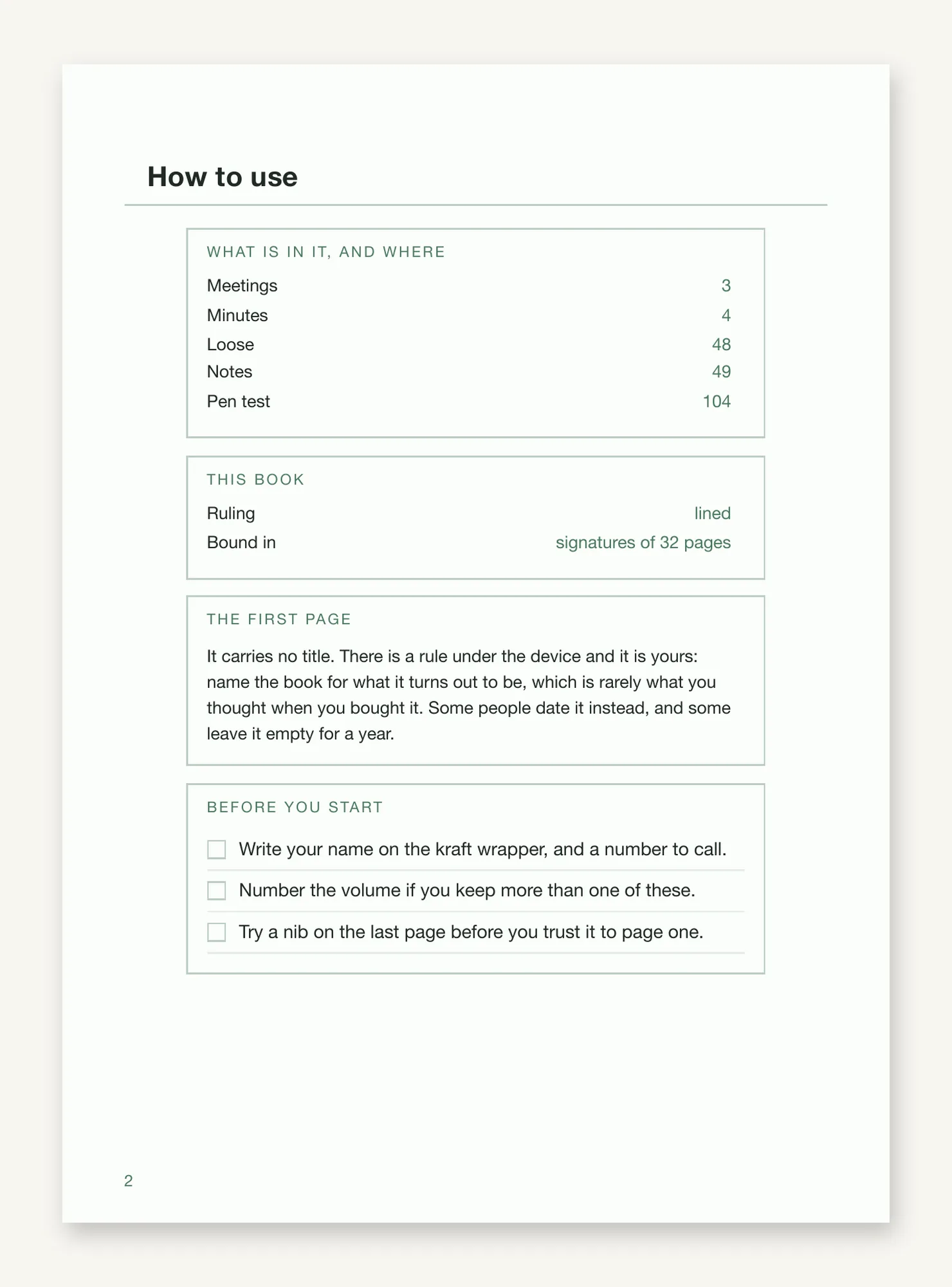 The front matter page, naming the minutes and the notes section with their pages, the ruling and the signature count, and a short checklist first.
