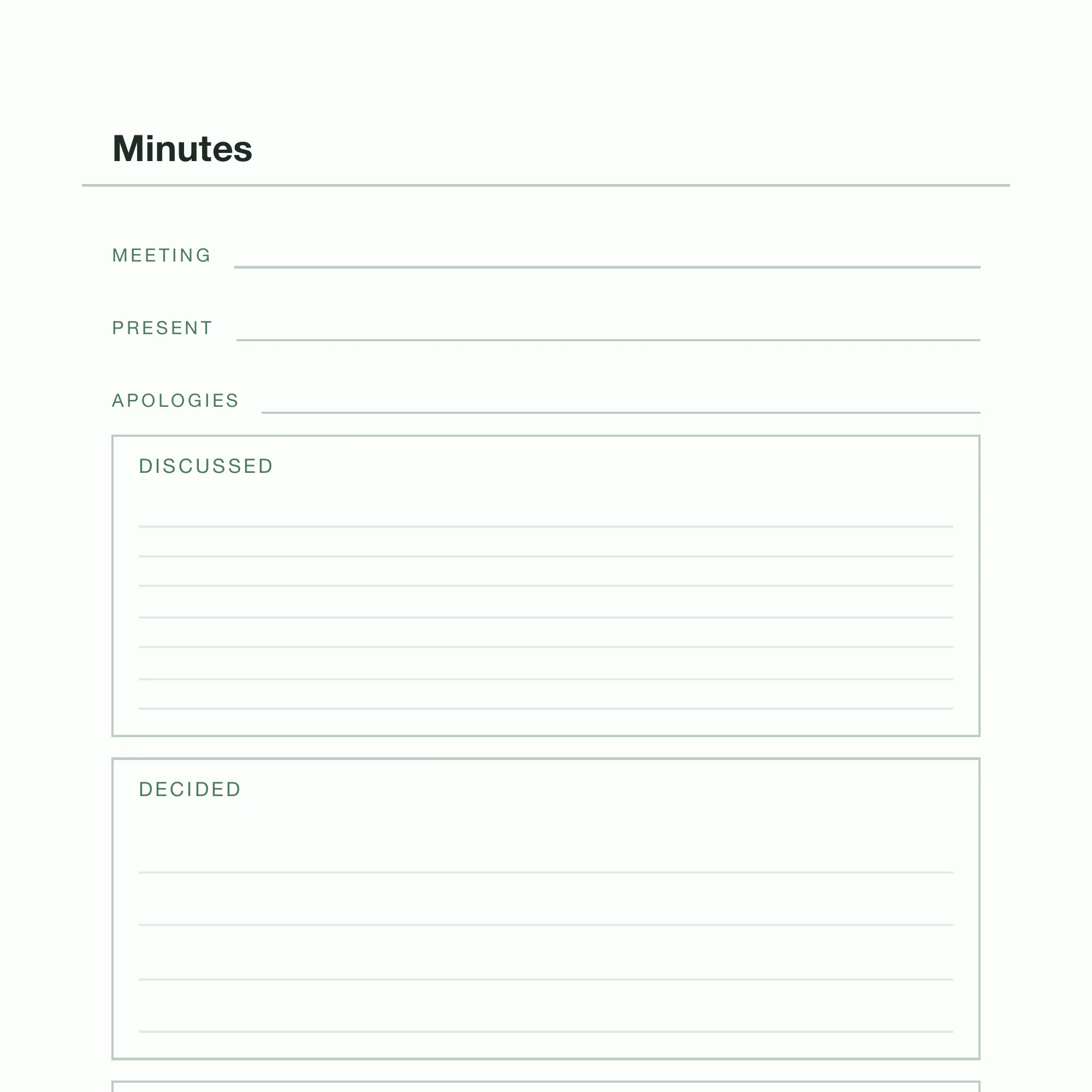 A close view of the actions table at the foot of a minutes page, with its action, owner and by columns.