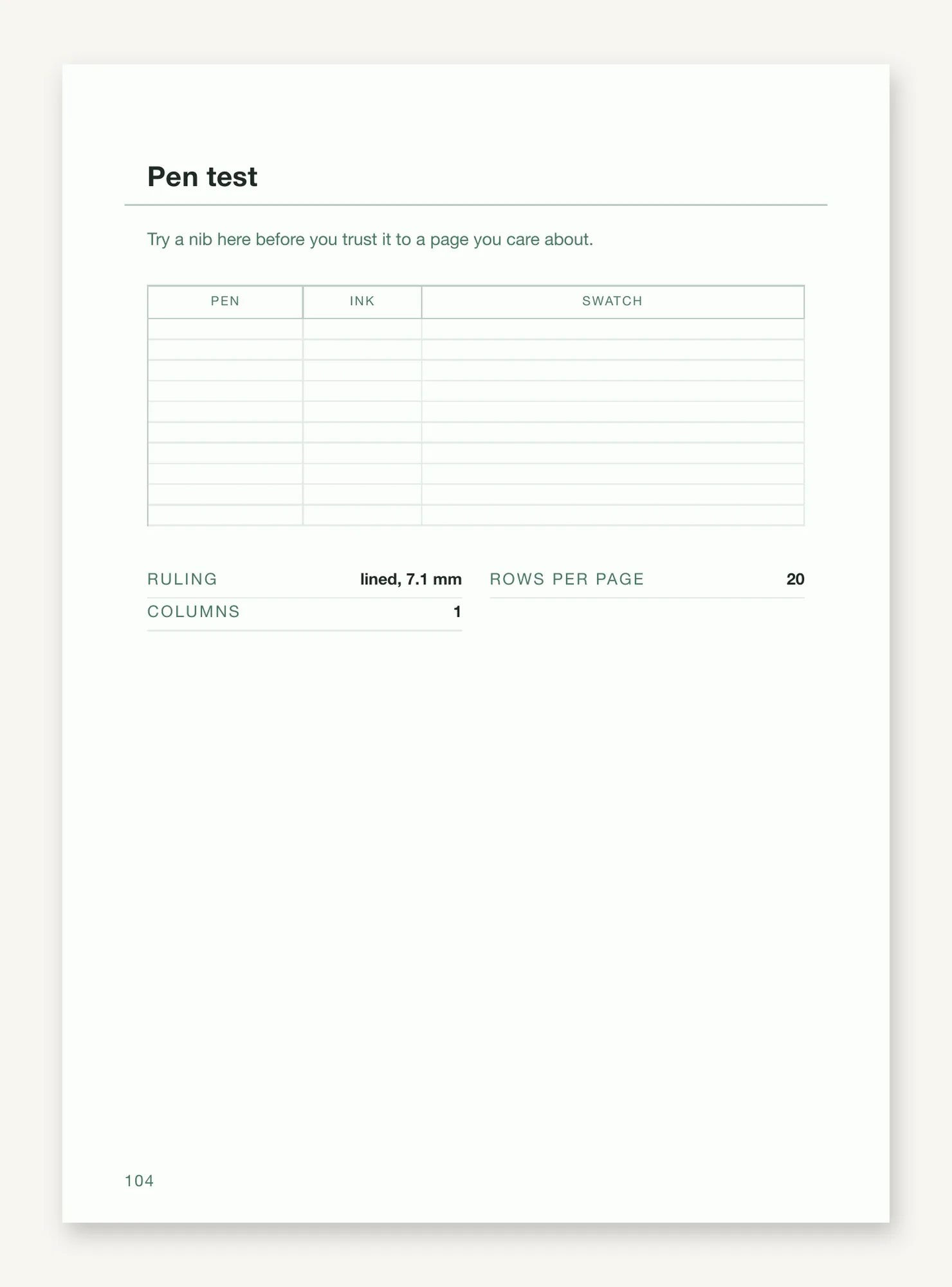 The pen-test leaf, with pen, ink and swatch columns and the figures printed at the foot: lined, 7.1 mm, 20 rows per page, one column.