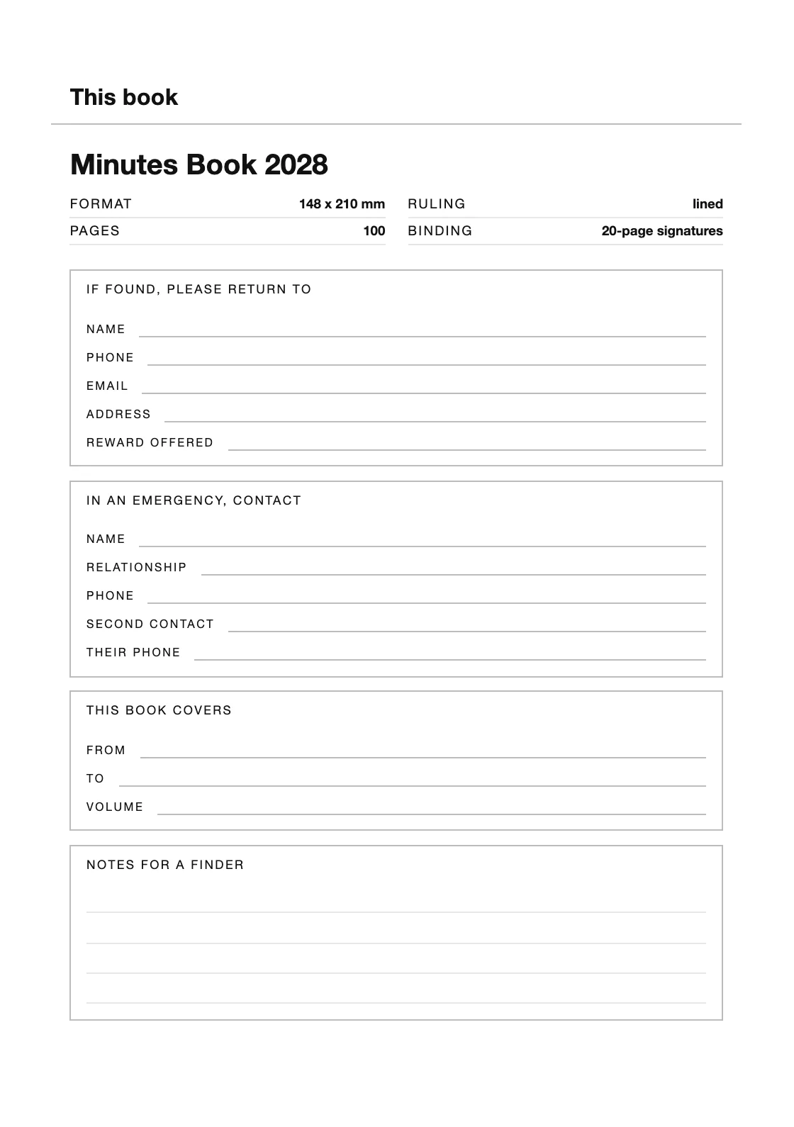 Satu halaman untuk nama dan nomor Anda, supaya buku yang hilang bisa kembali. — Minutes Book 2028