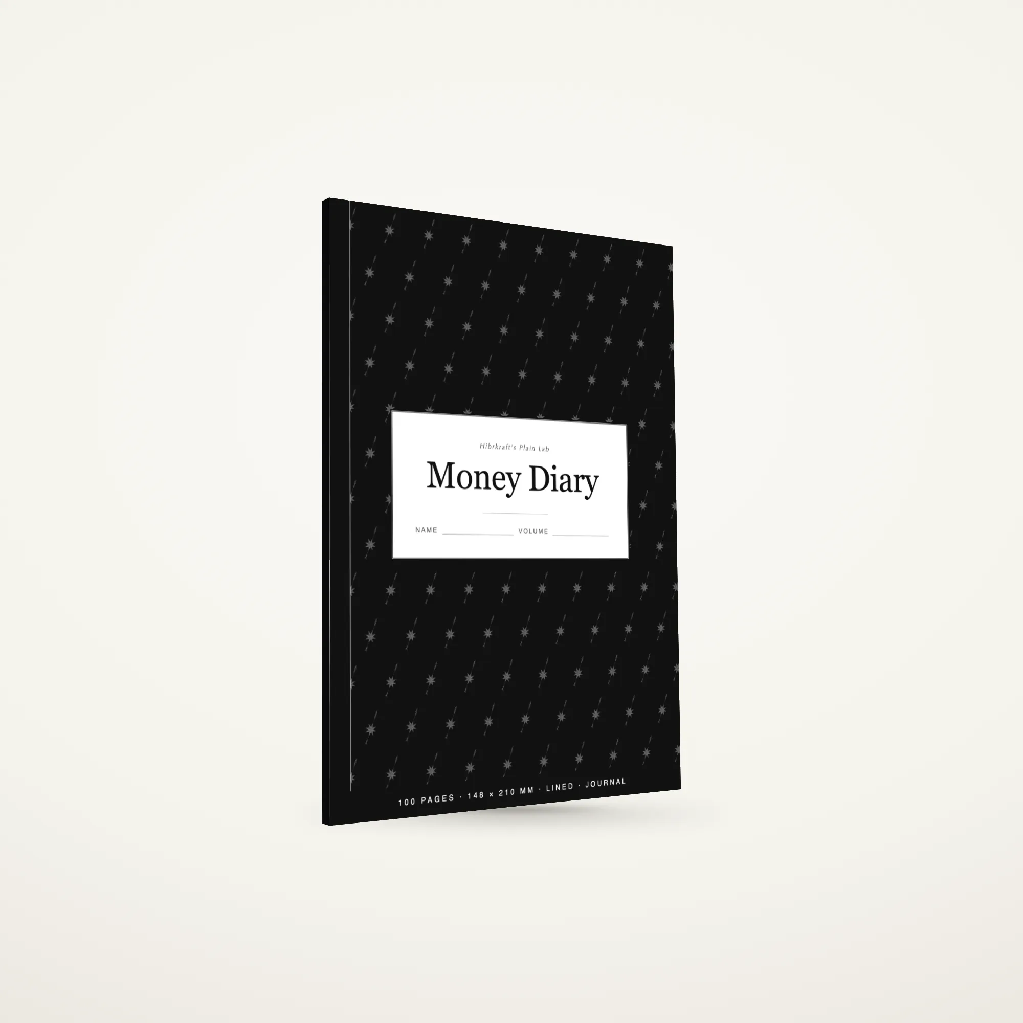 Money Diary A5 berdiri tertutup di atas permukaan polos, sampul gelap dengan motif koin, tebal sekitar enam milimeter.