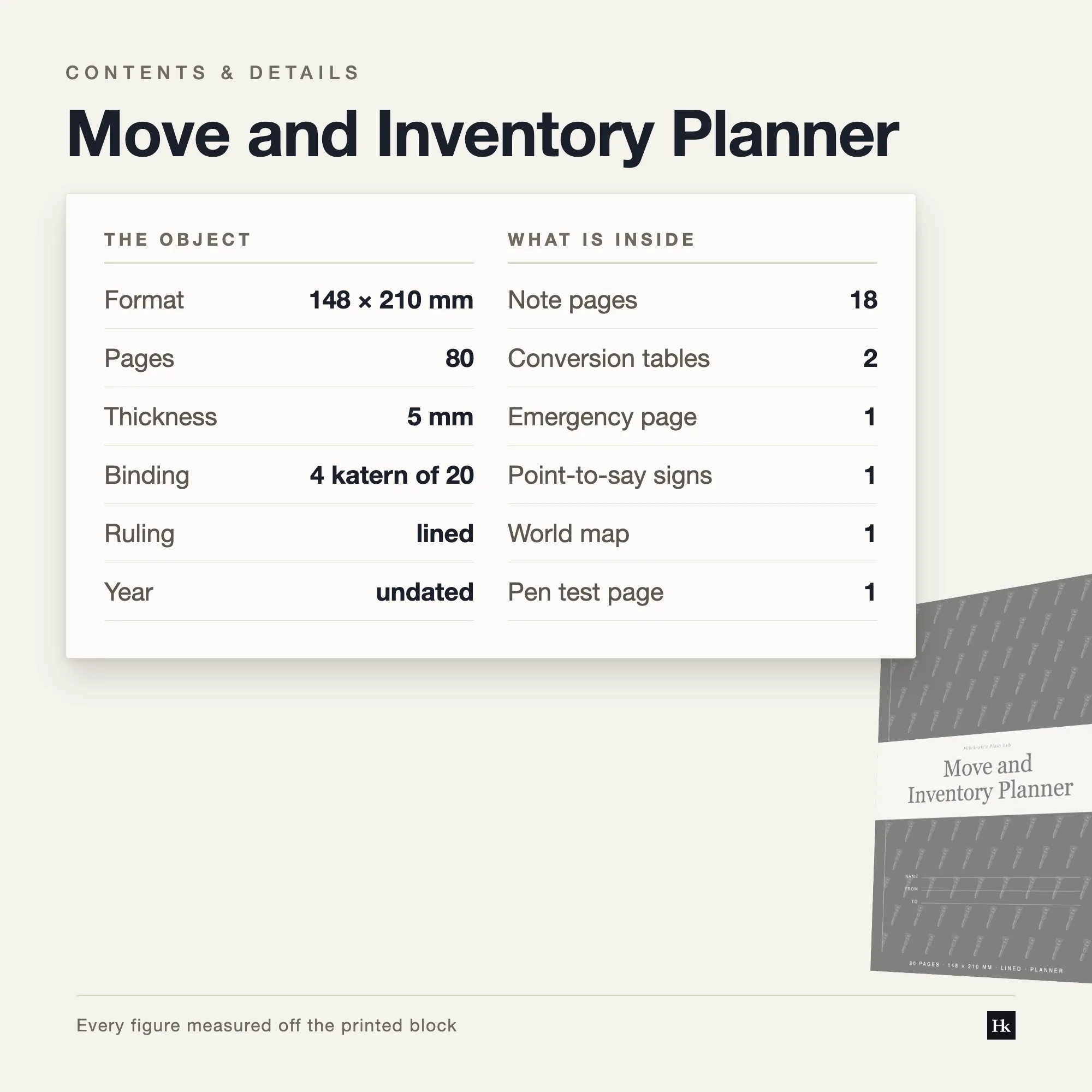 Specification card listing the Move and Inventory Planner contents: 40 inventory pages, 10 project pages, 18 notes pages, 80 pages total, A5 trim.