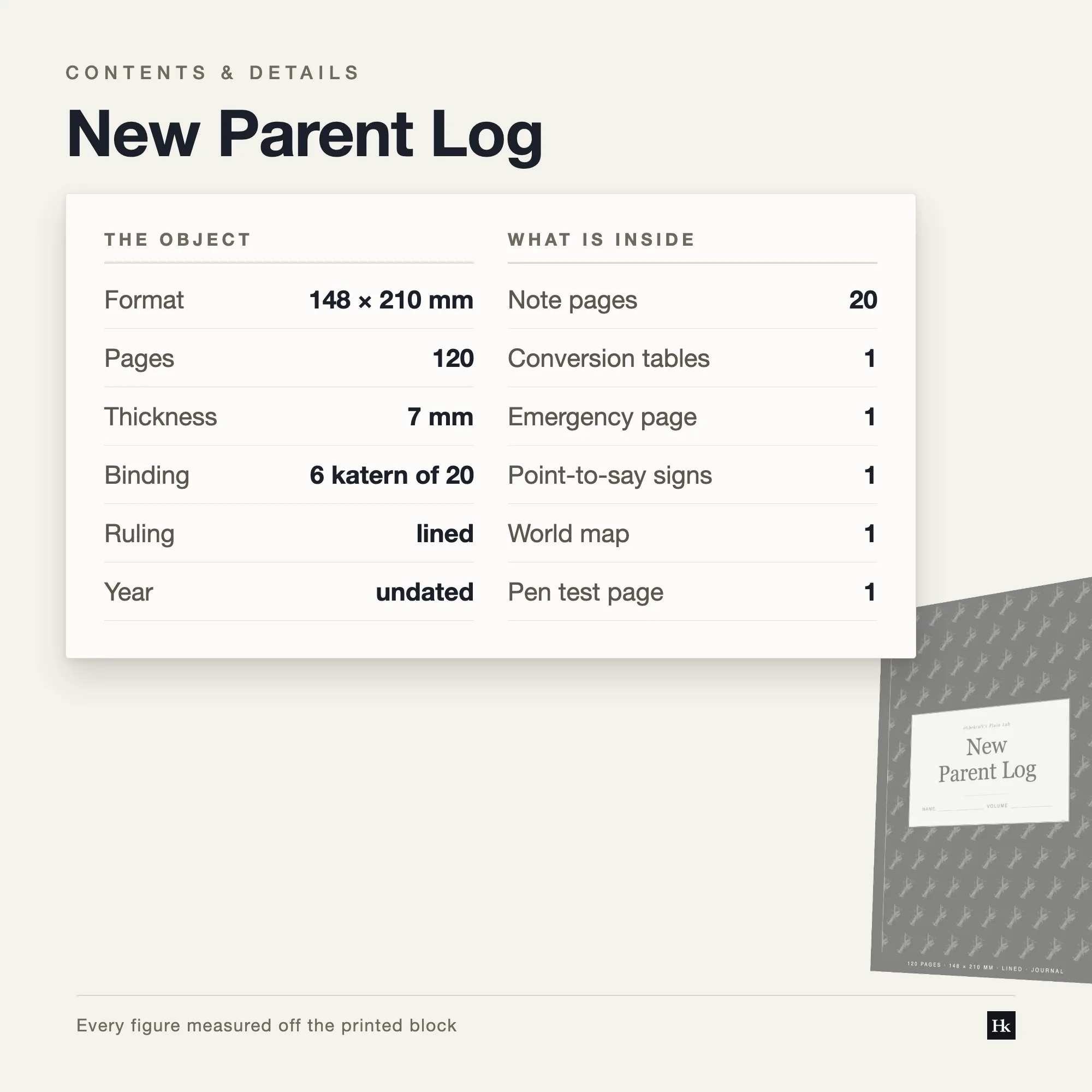 Specification card listing the New Parent Log contents: 90 day pages, 20 notes pages, 120 pages total, A5 trim, six signatures of twenty.