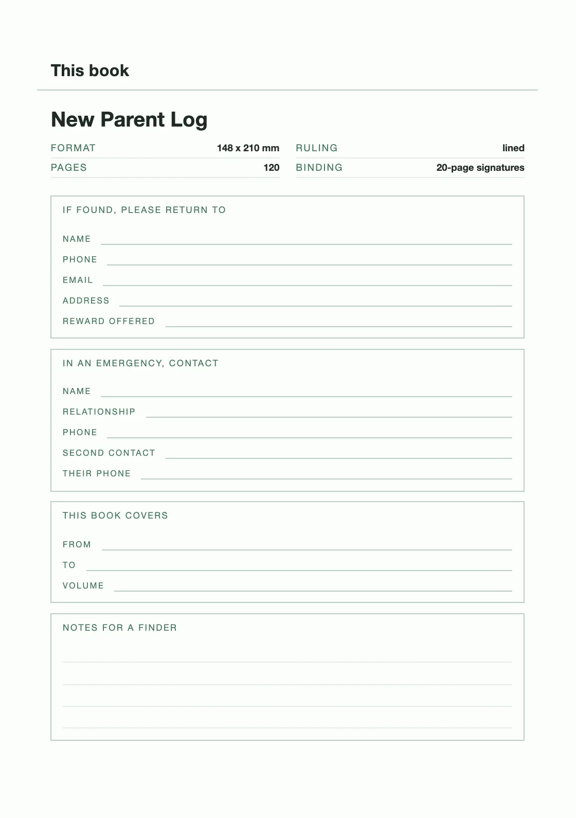 Satu halaman untuk nama dan nomor Anda, supaya buku yang hilang bisa kembali. — New Parent Log