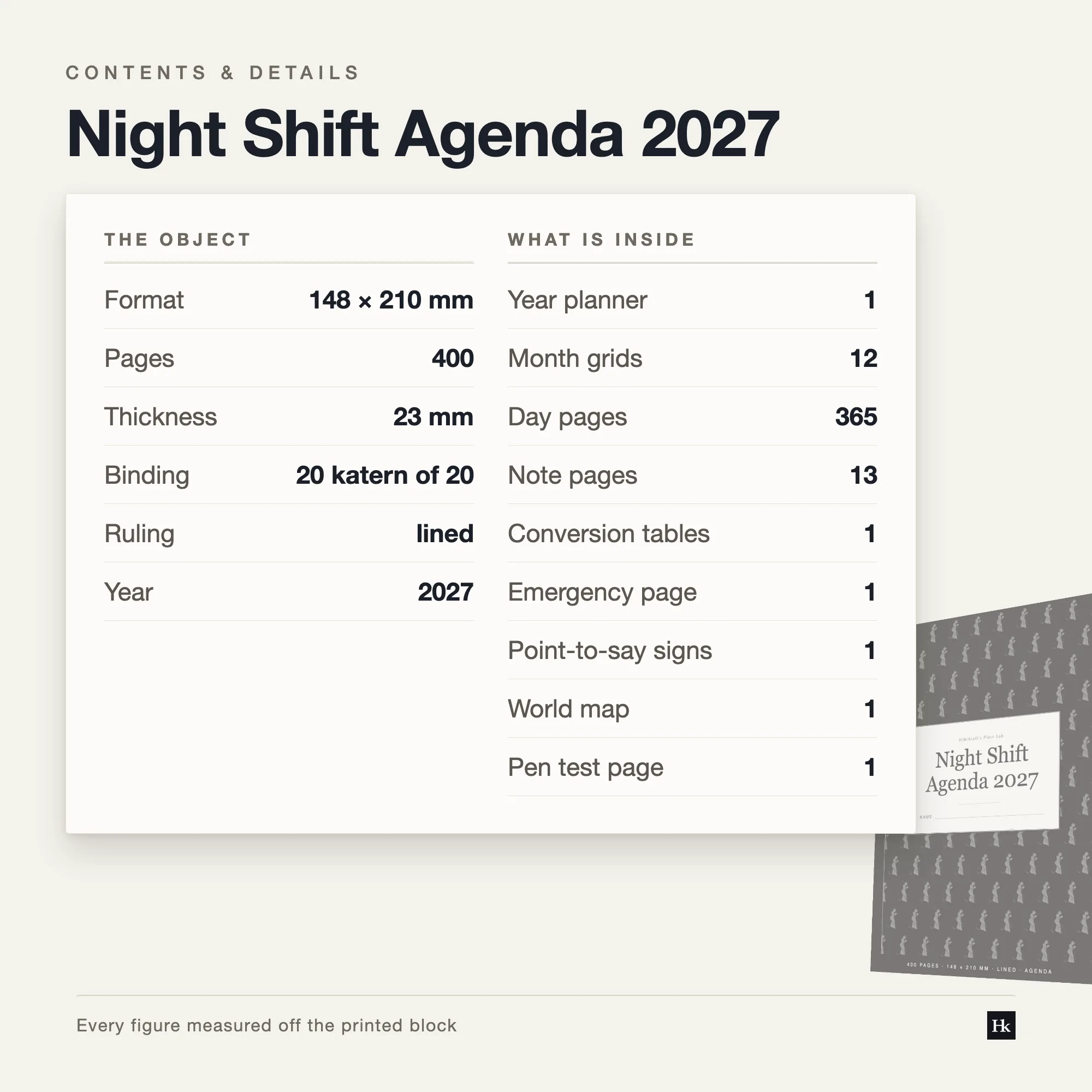 Specification card listing the Night Shift Agenda contents: day pages, notes pages, month spreads and reference section.