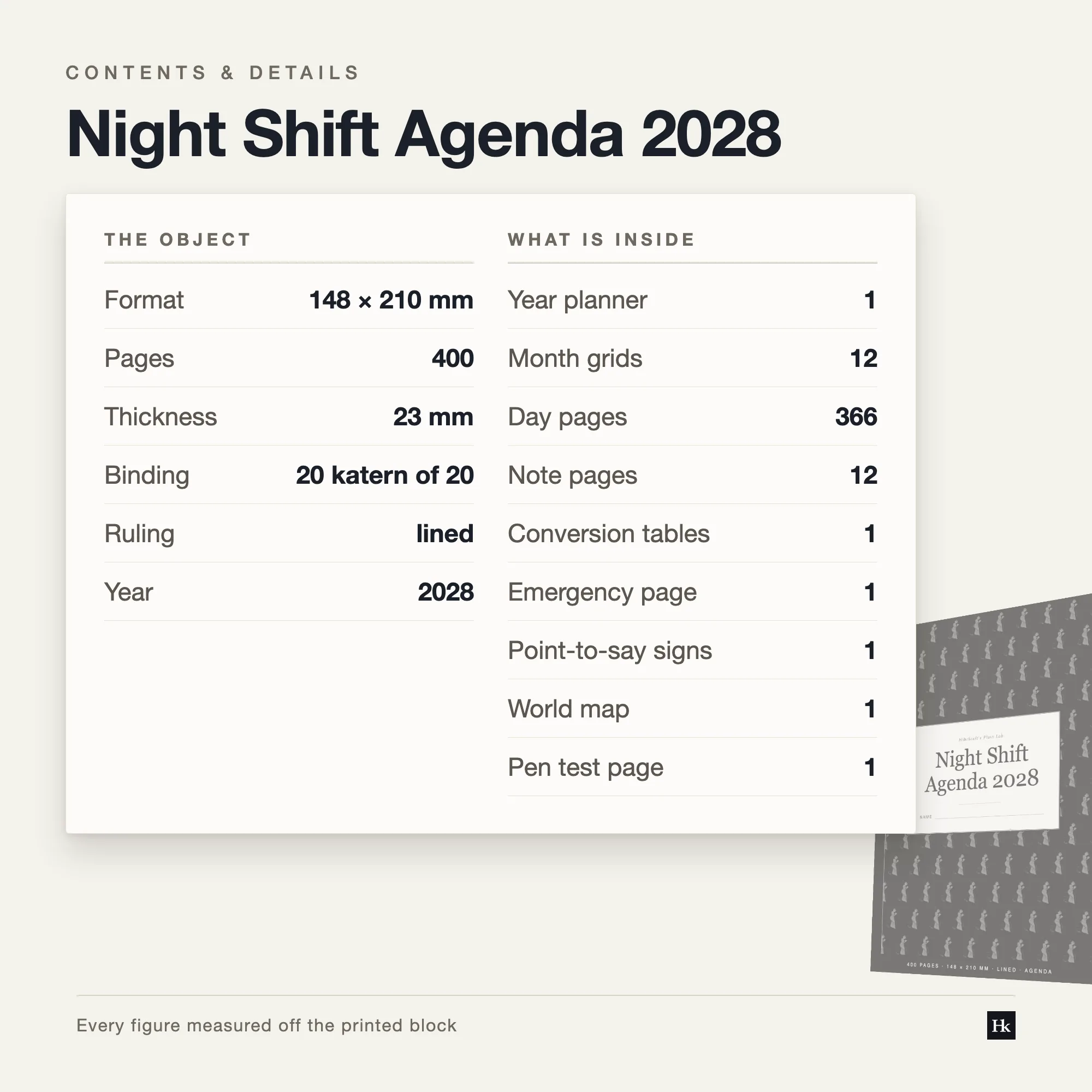 Specification card listing the Night Shift Agenda contents: day pages, notes pages, month spreads and reference section.
